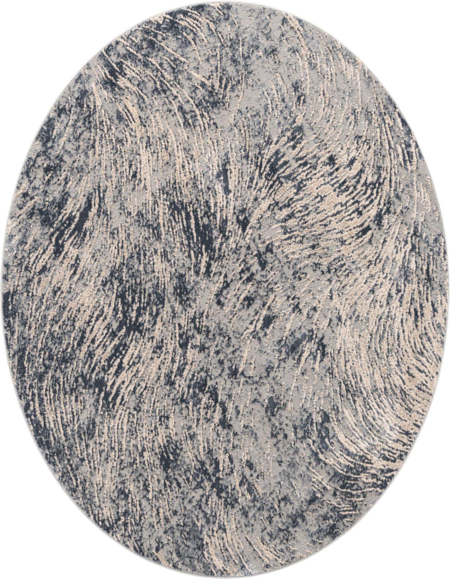 A 7' round gray and silver rug with a modern coastal textured pattern, featuring abstract swirls of light and dark tones.