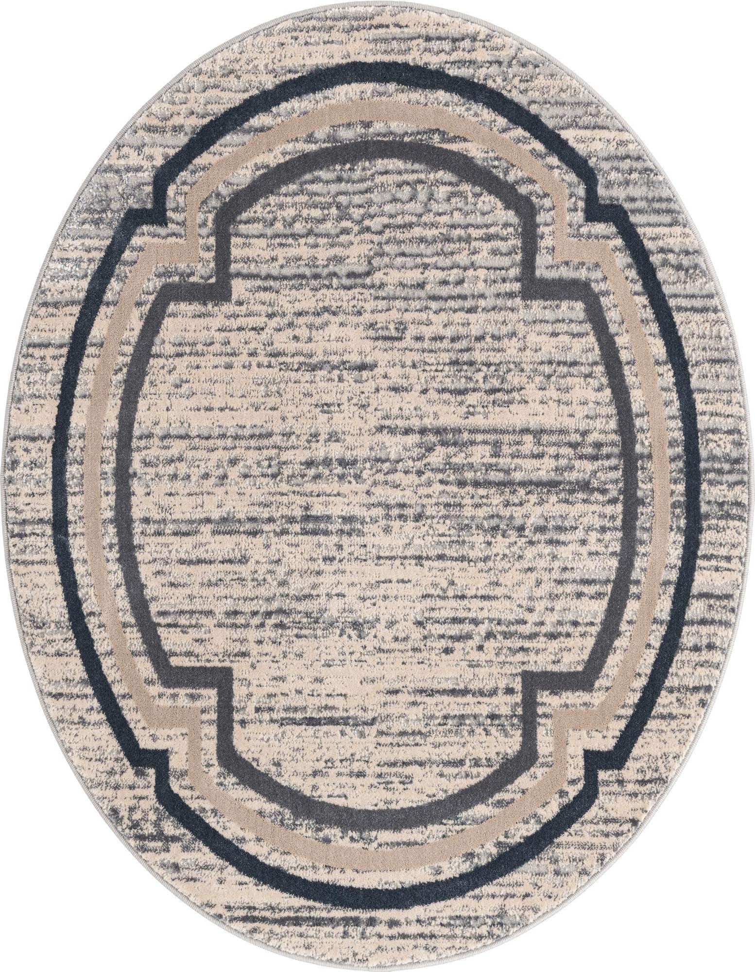 A 4' round gray and beige rug with a textured, distressed look and a bold geometric border.