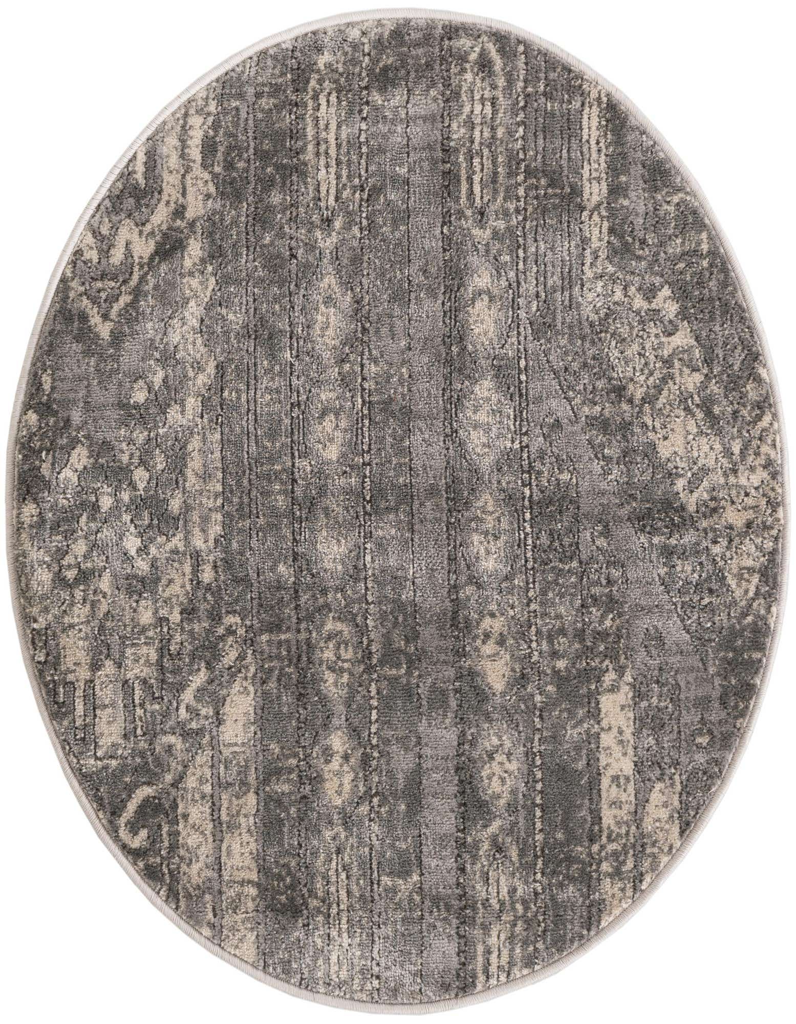 A 3' 0 x 3' 0 round gray and silver bohemian rug with a textured, distressed stripe pattern.