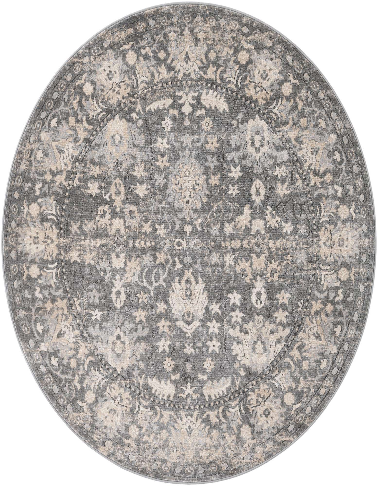 A 7' round gray shabby-chic rug with a distressed traditional floral pattern in light gray and beige.