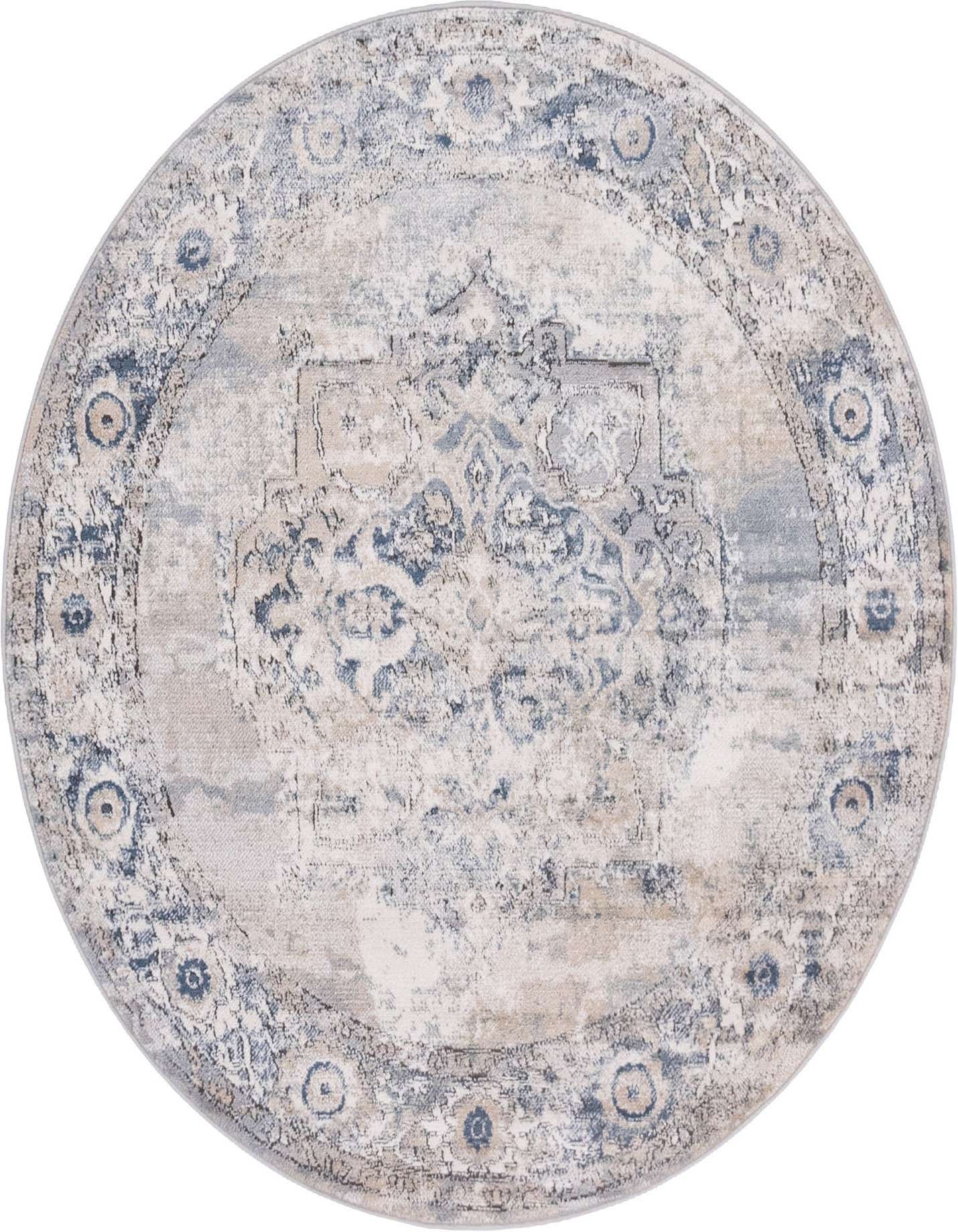 A round 5' 3" gray and silver shabby-chic rug with a distressed traditional medallion pattern.