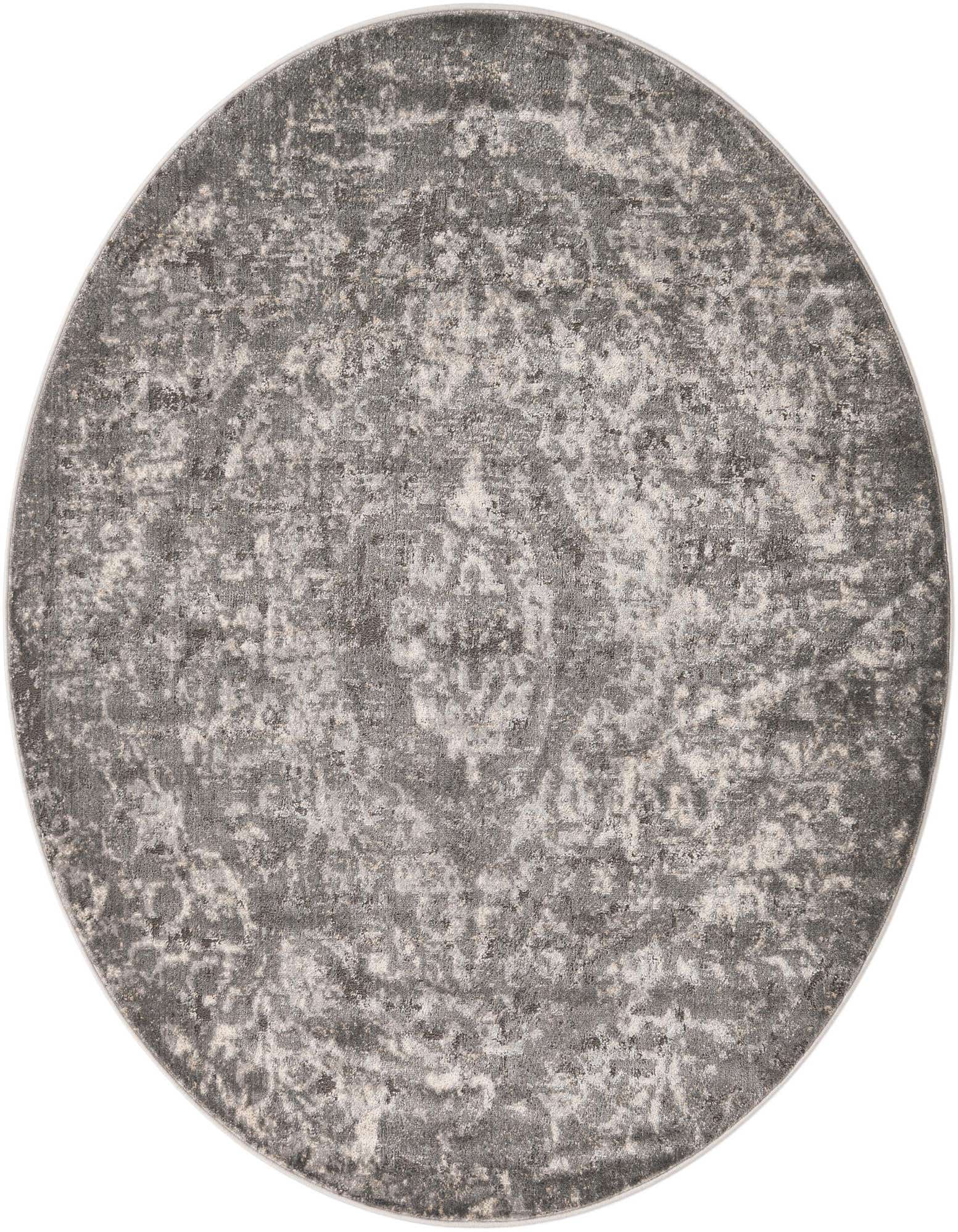 A 7' round gray shabby-chic rug with a distressed medallion pattern, ideal for an indoor living space.