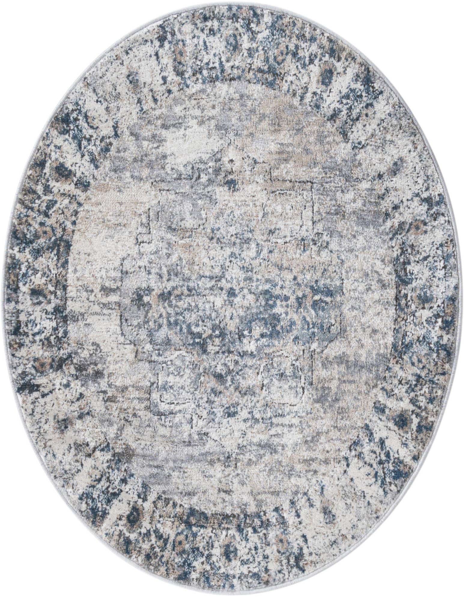 A 4' round gray and silver transitional rug with a distressed medallion pattern and textured pile.