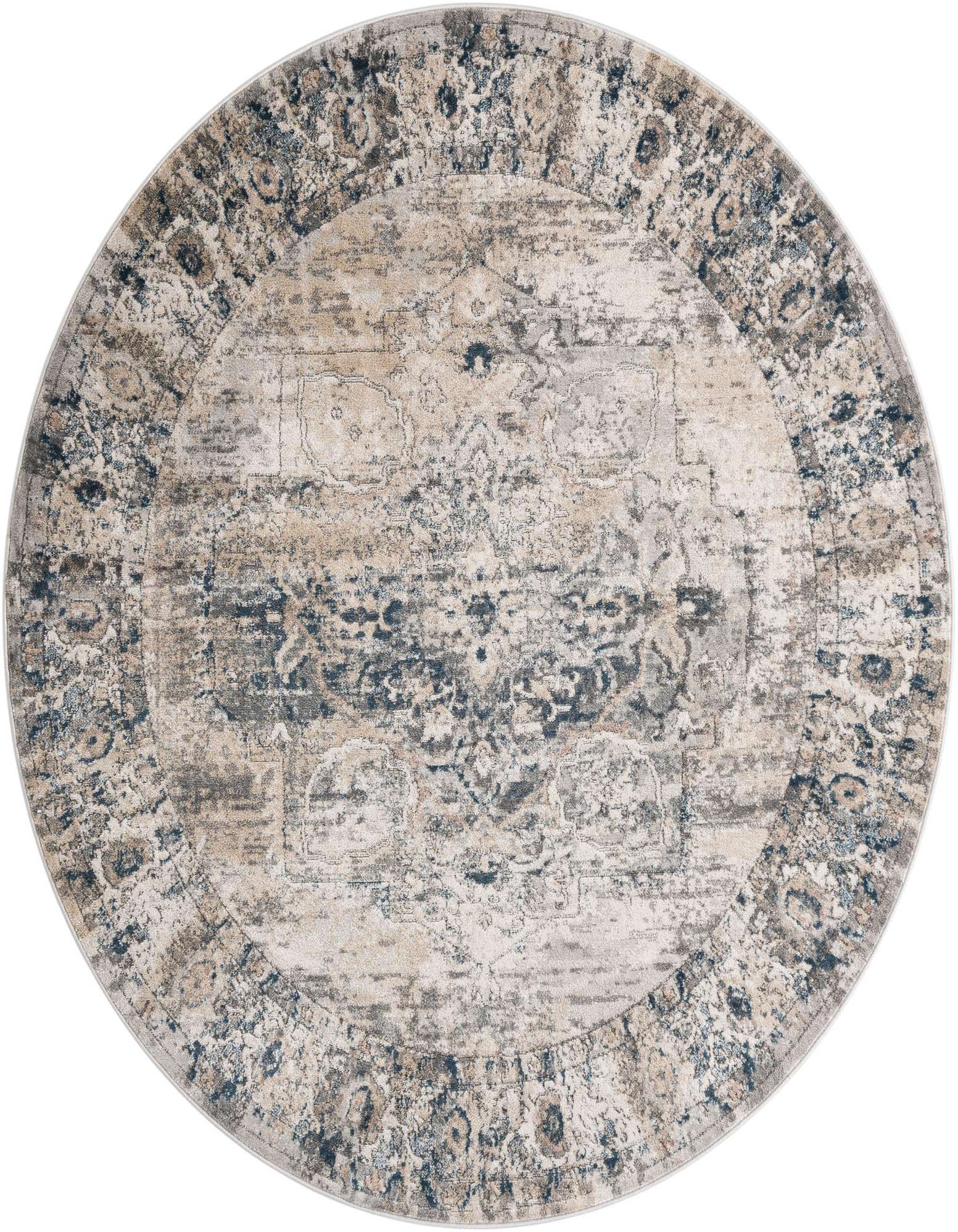 A 7' 10 round transitional rug with a distressed medallion pattern in grays, silvers, and hints of blue.