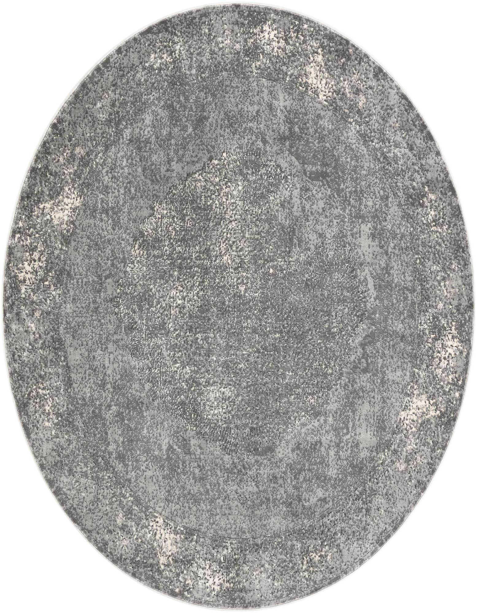 A 10-foot round gray area rug with a distressed transitional pattern and textured pile, suitable for indoor spaces.