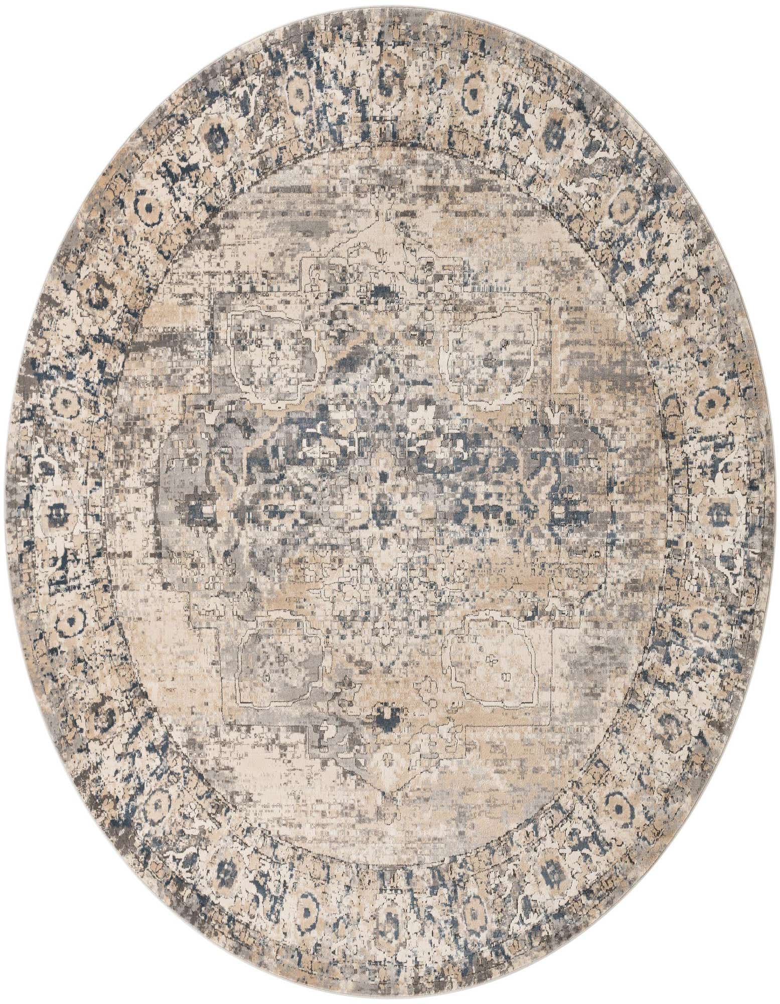 A large round gray and beige distressed rug with an intricate traditional border, suitable for a living room or patio.
