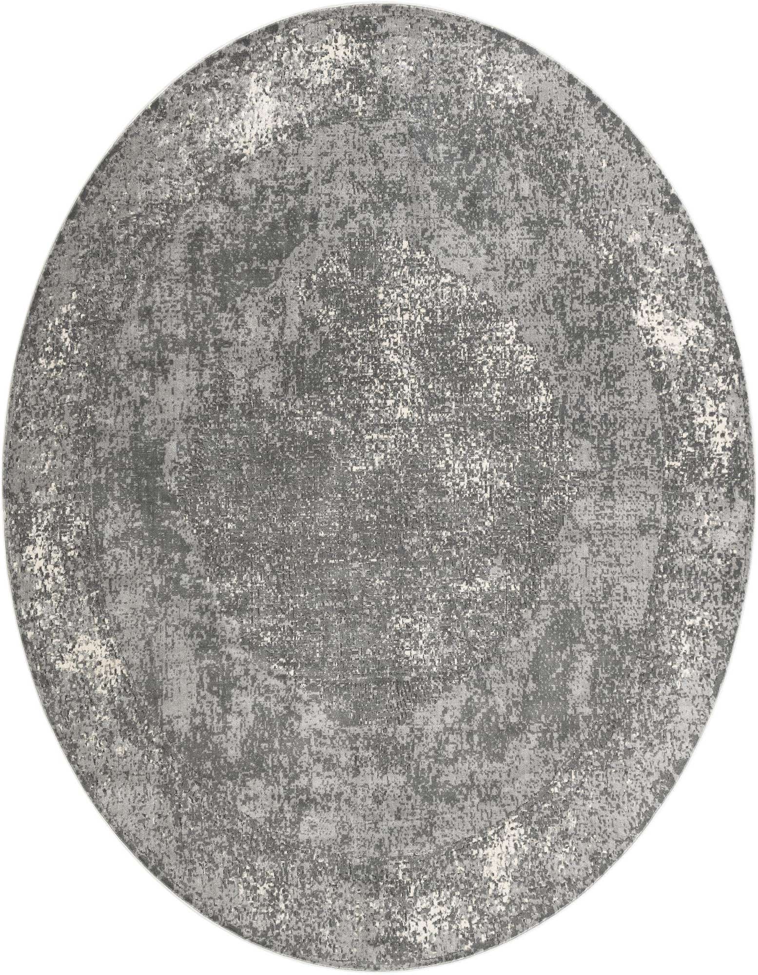 A large 13' round gray and silver rug with a distressed, abstract pattern, suitable for a living room or patio.