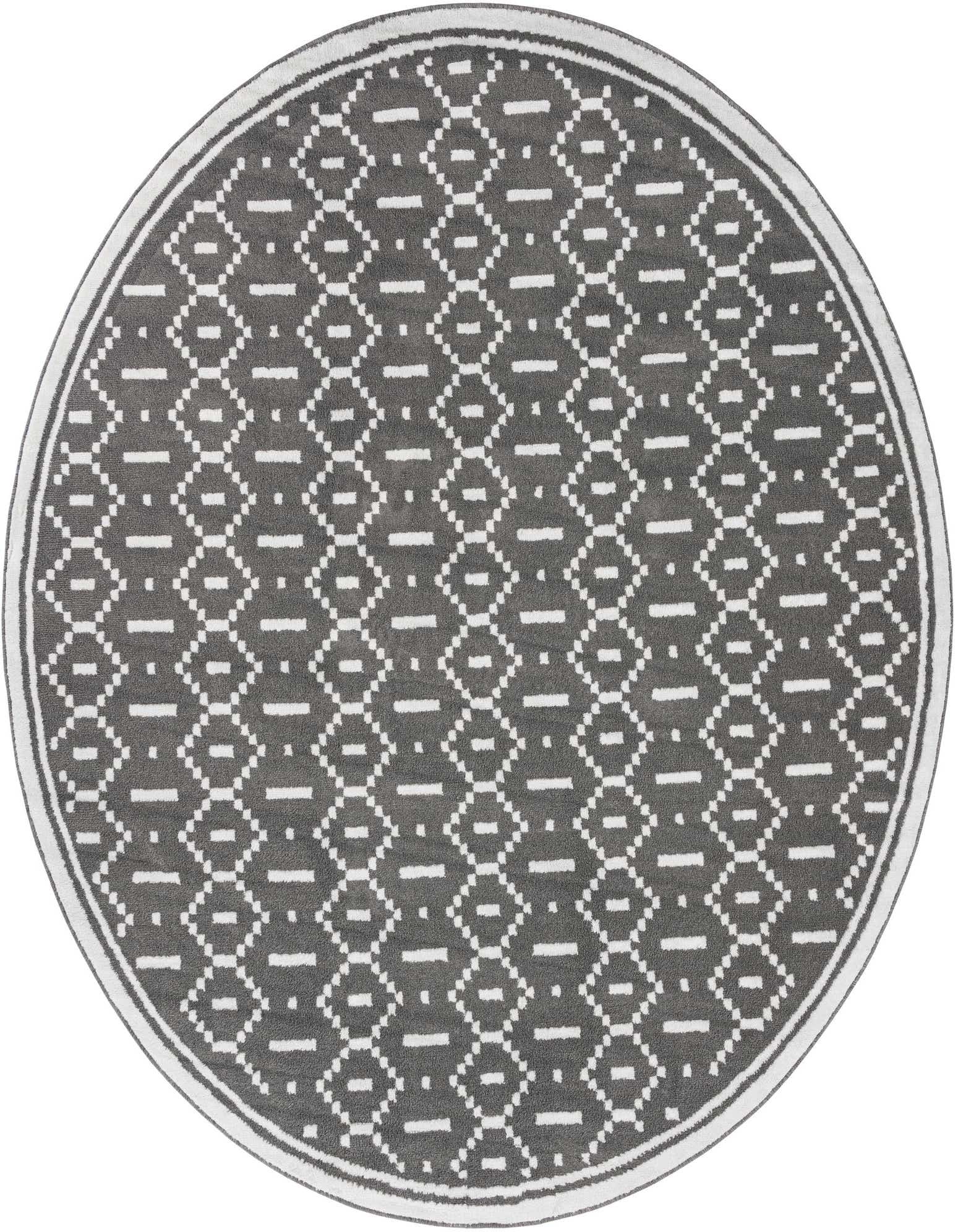 A 10-foot round gray modern rug with a white geometric diamond and dash pattern, featuring a subtle white border.