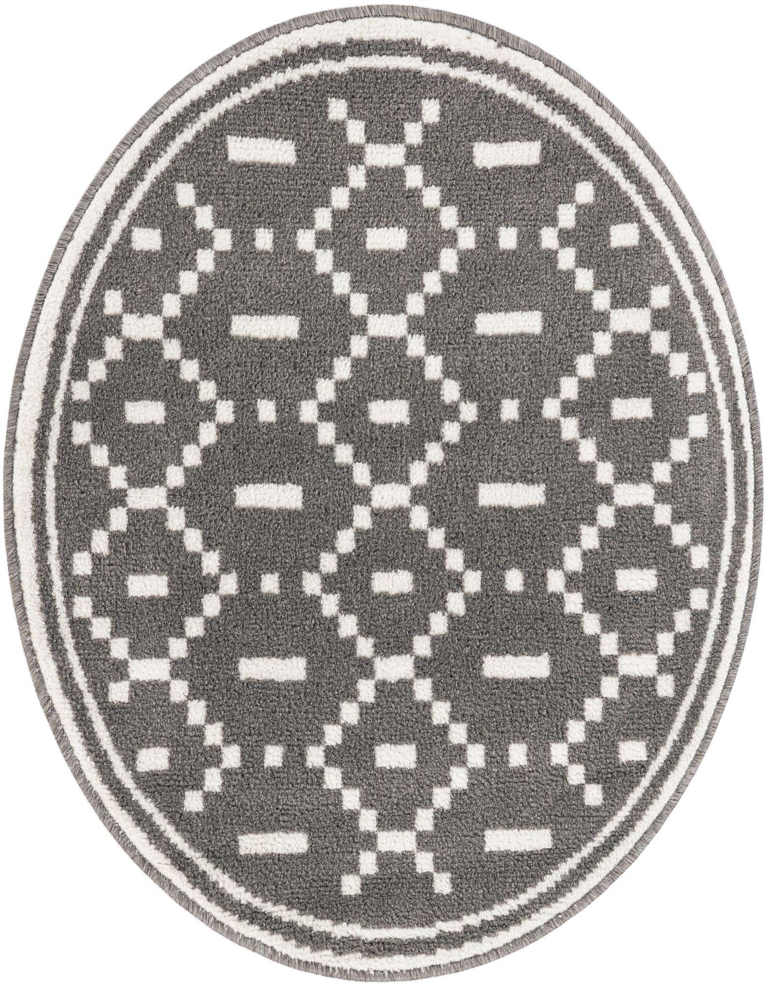 A round 3' 0 x 3' 0 gray modern rug with a white geometric pattern and a white border.