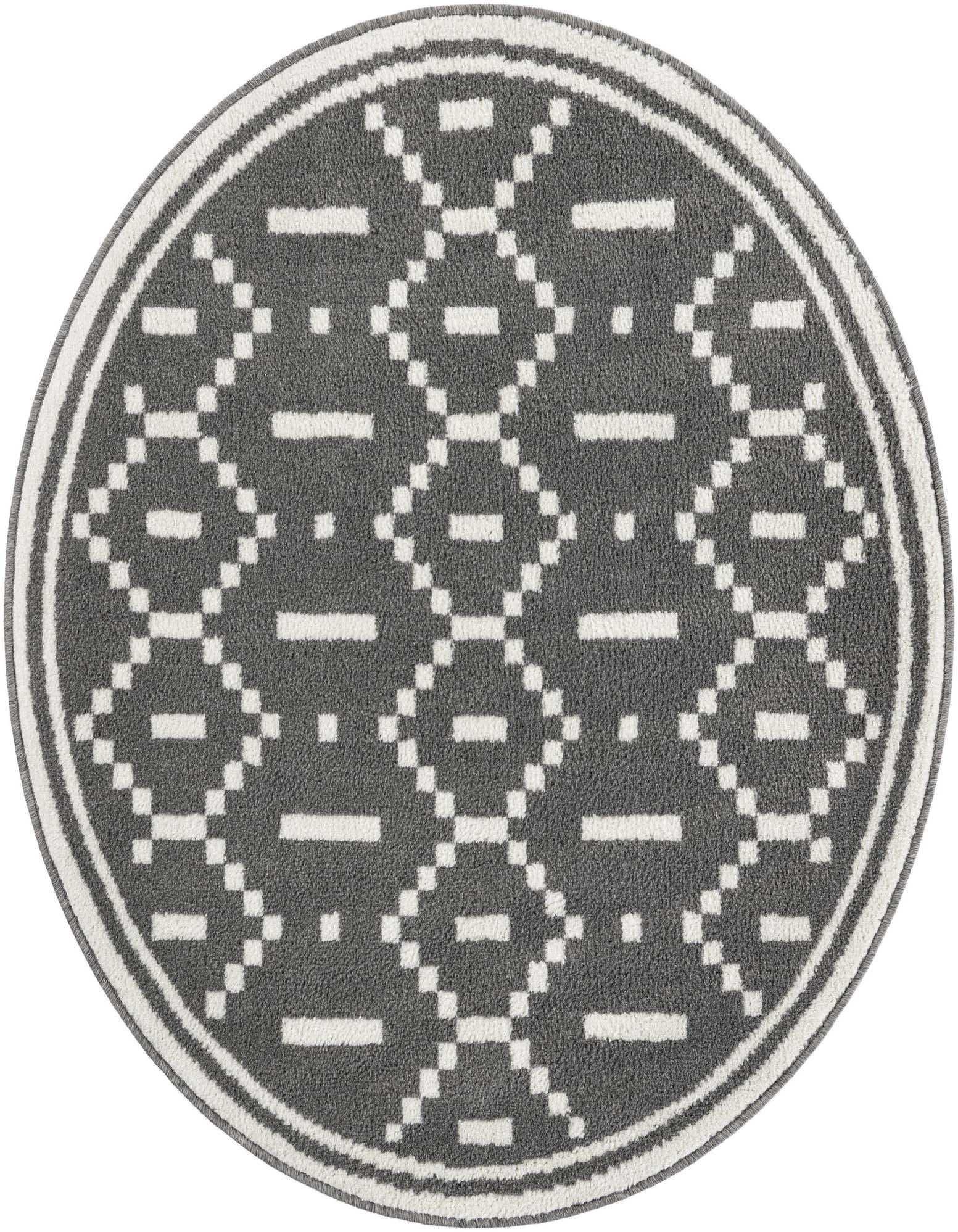 A 4' round gray and white modern rug featuring a geometric diamond and dash pattern with a striped border.