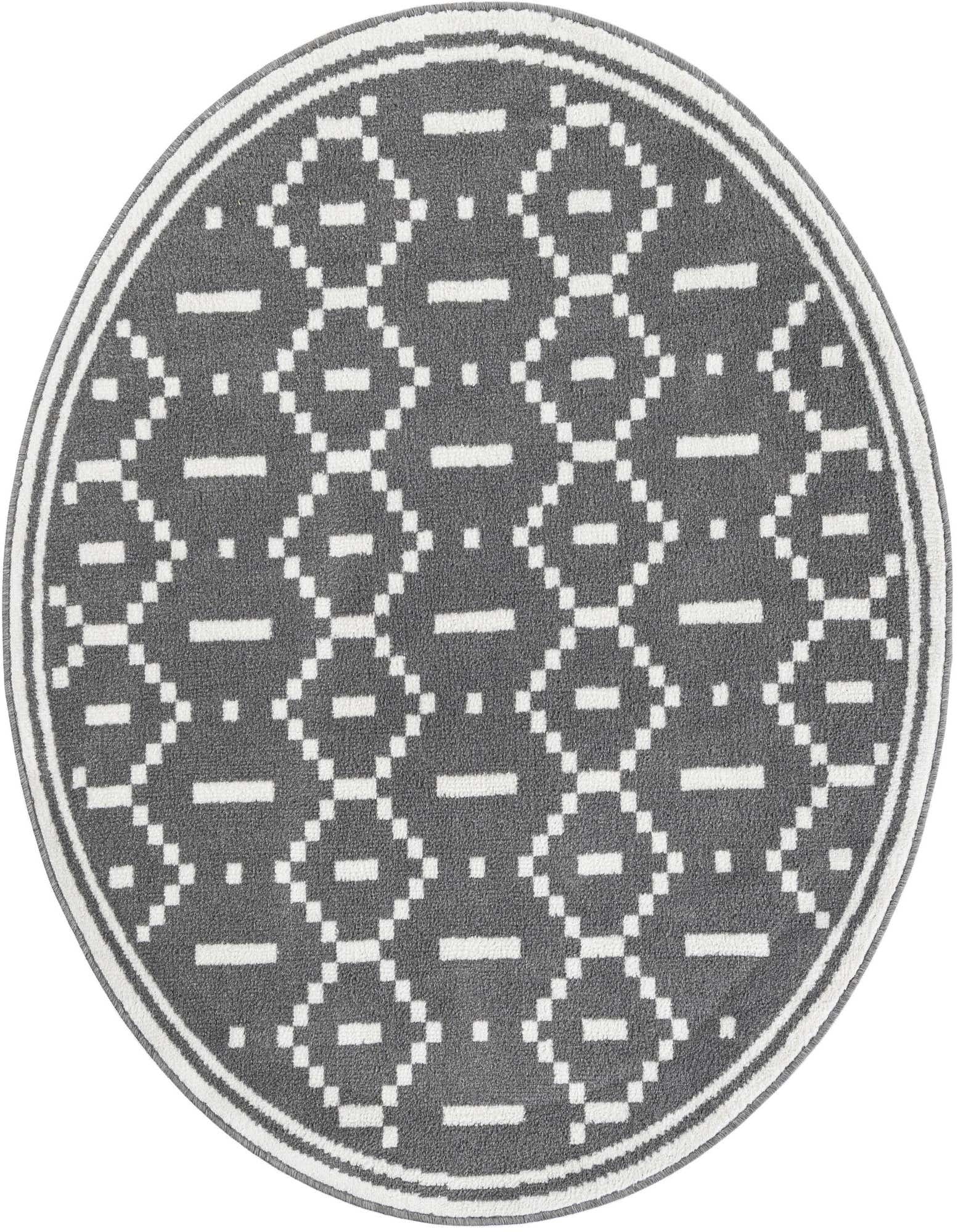 A 5' round gray rug with a modern white geometric diamond and dash pattern and a striped border.