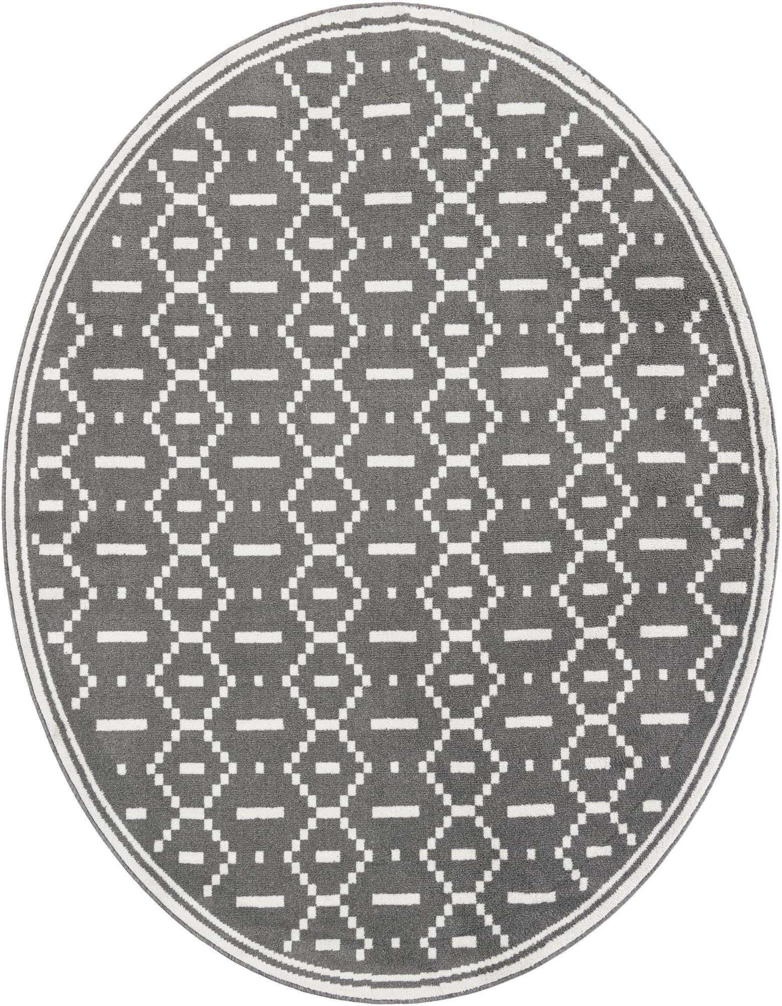 A round 7' 10 x 7' 10 gray modern rug with a repeating geometric diamond and dash pattern in white, featuring a subtle striped border.