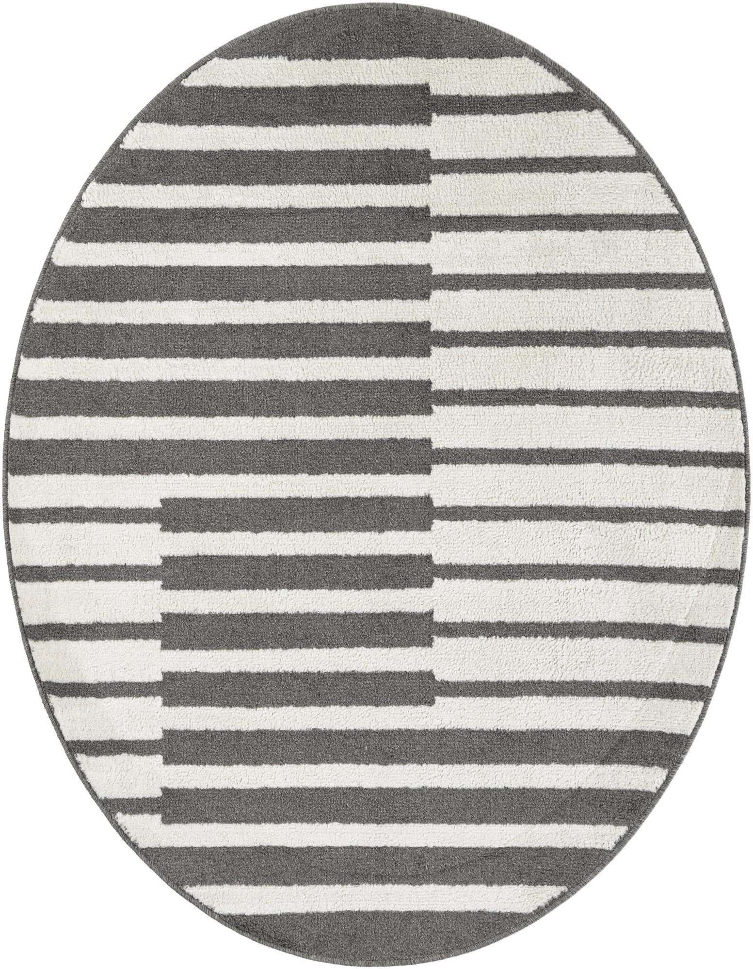 A 5' 0 x 5' 0 round gray and white striped rug with a modern geometric pattern, suitable for indoor use.