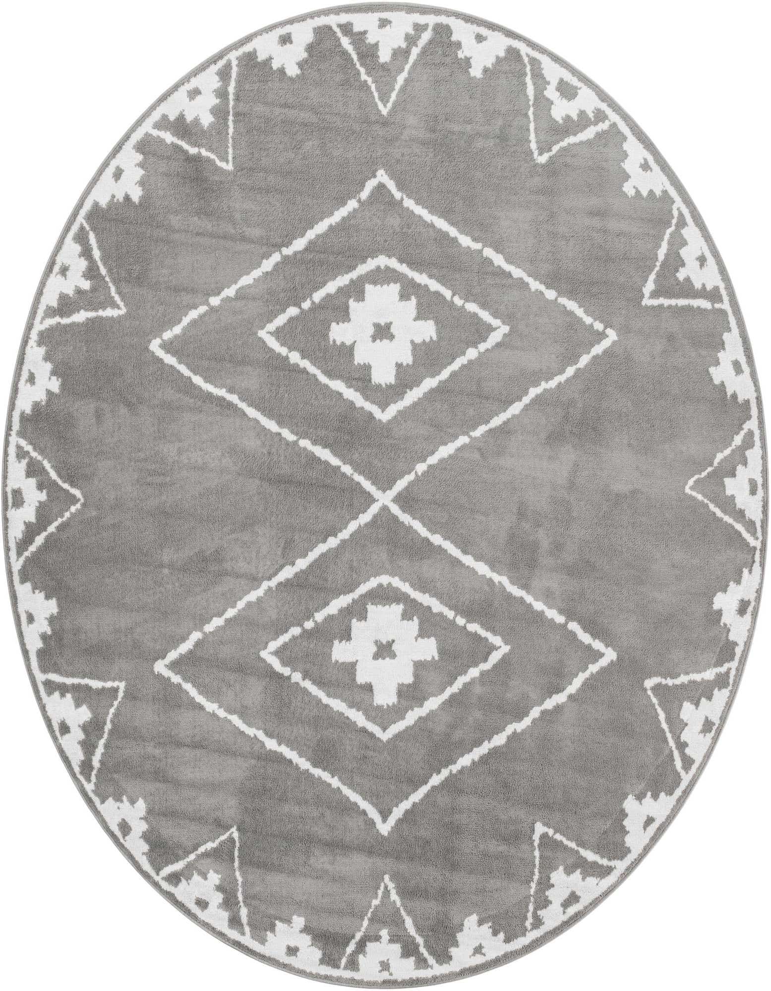 A 10-foot round gray modern rug with a white geometric diamond and triangle pattern, suitable for indoor spaces.