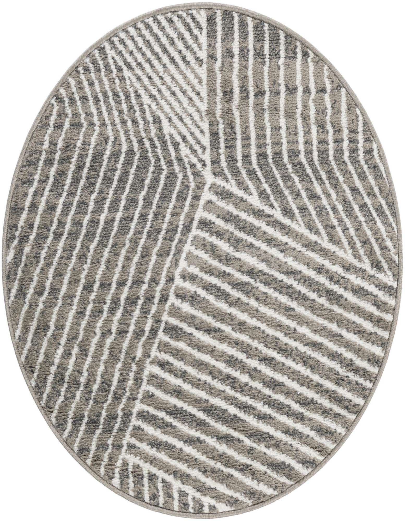 A 3' round gray and white modern rug with a geometric stripe pattern, perfect for an indoor space.