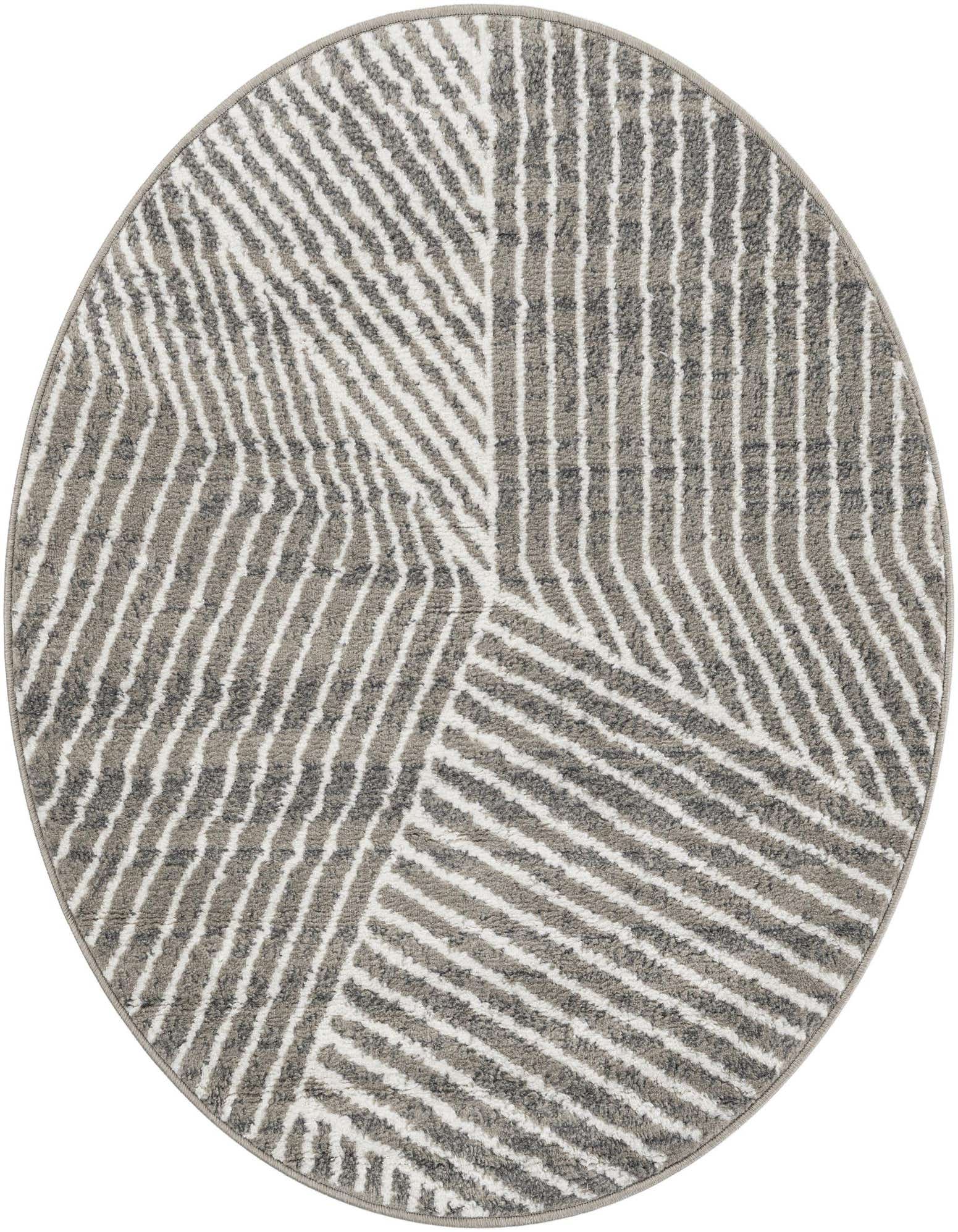 A round 4' gray and white modern rug featuring a geometric striped pattern, ideal for an indoor living space.