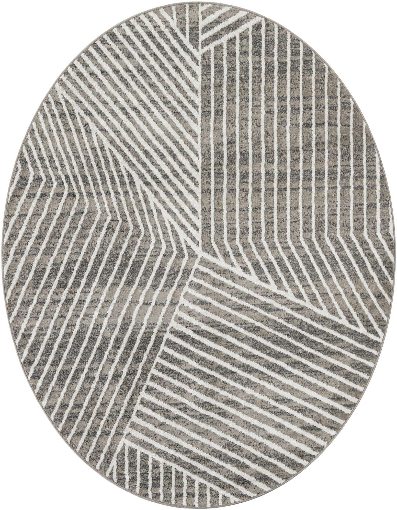 A round gray and white rug with a modern geometric striped pattern, ideal for an indoor patio.
