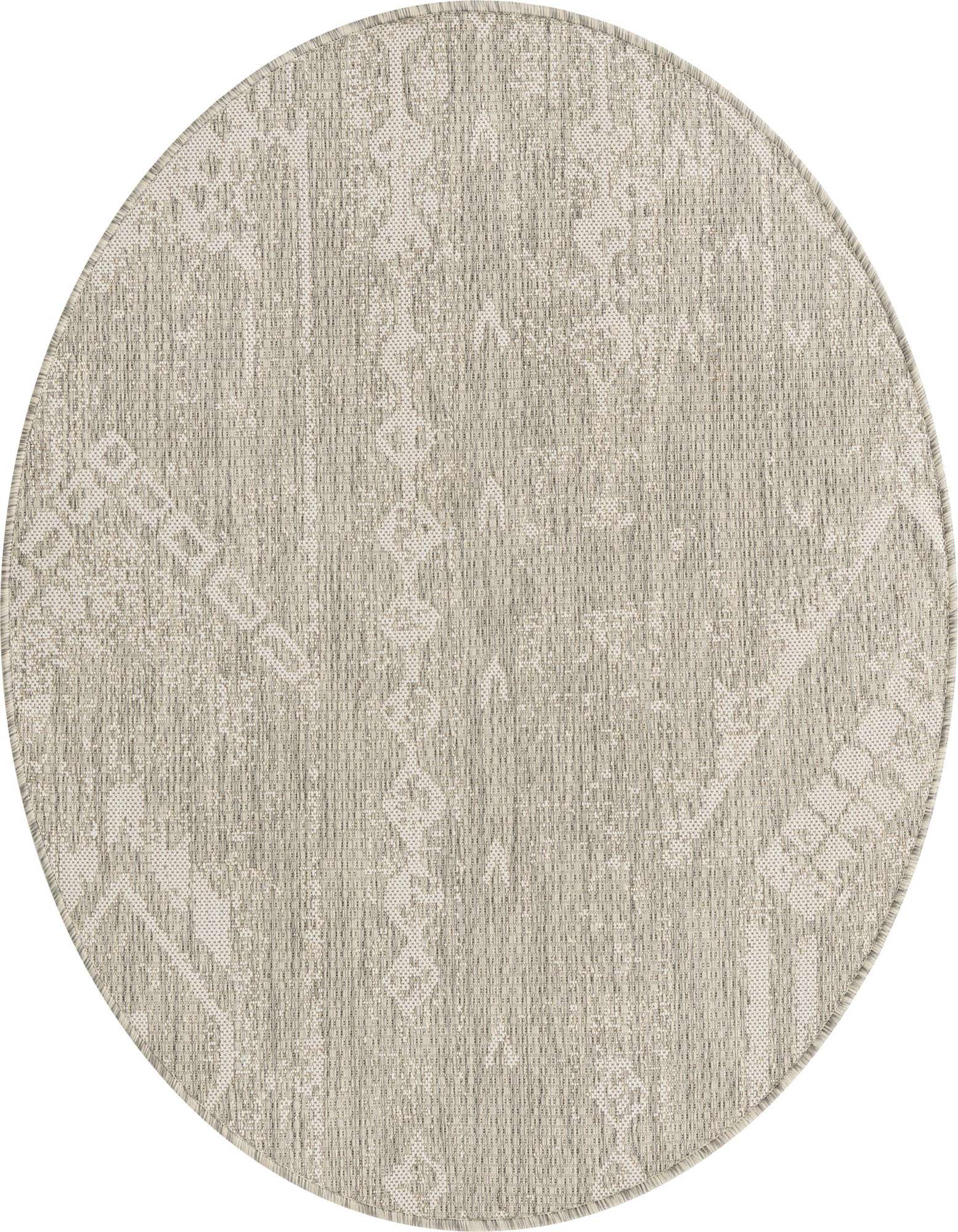 A 4' round gray modern indoor/outdoor rug with a subtle textured geometric pattern, ideal for a patio.