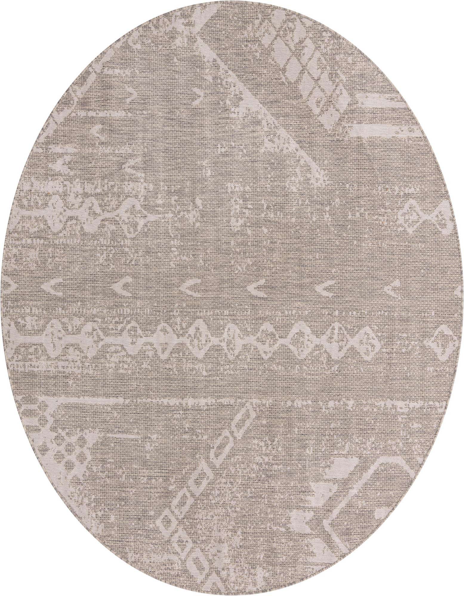 A round 7' 10" gray modern abstract rug with textured patterns, suitable for indoor or outdoor use.