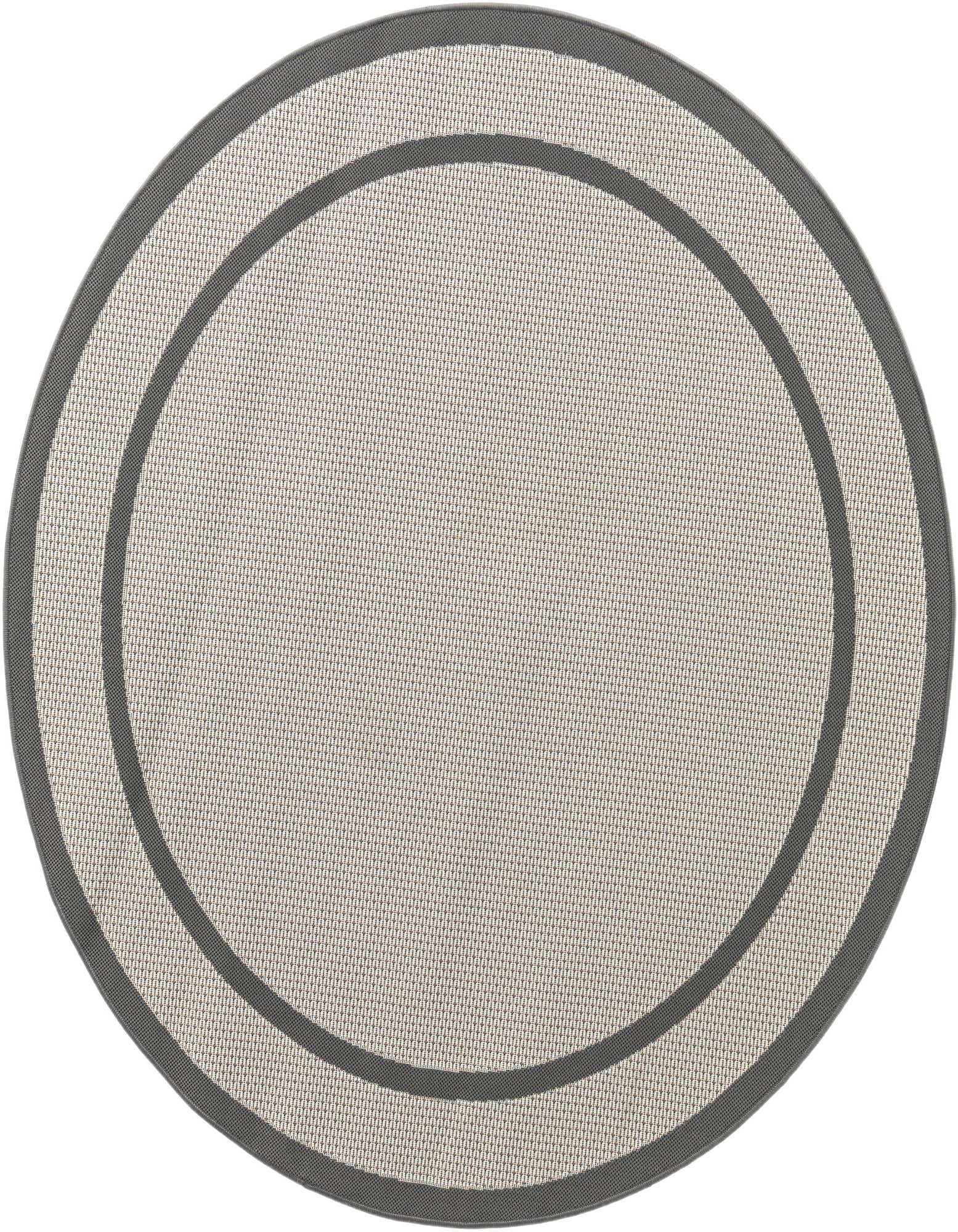 A 6' 0 x 6' 0 round gray indoor/outdoor rug with a subtle textured flatweave and a darker gray border.