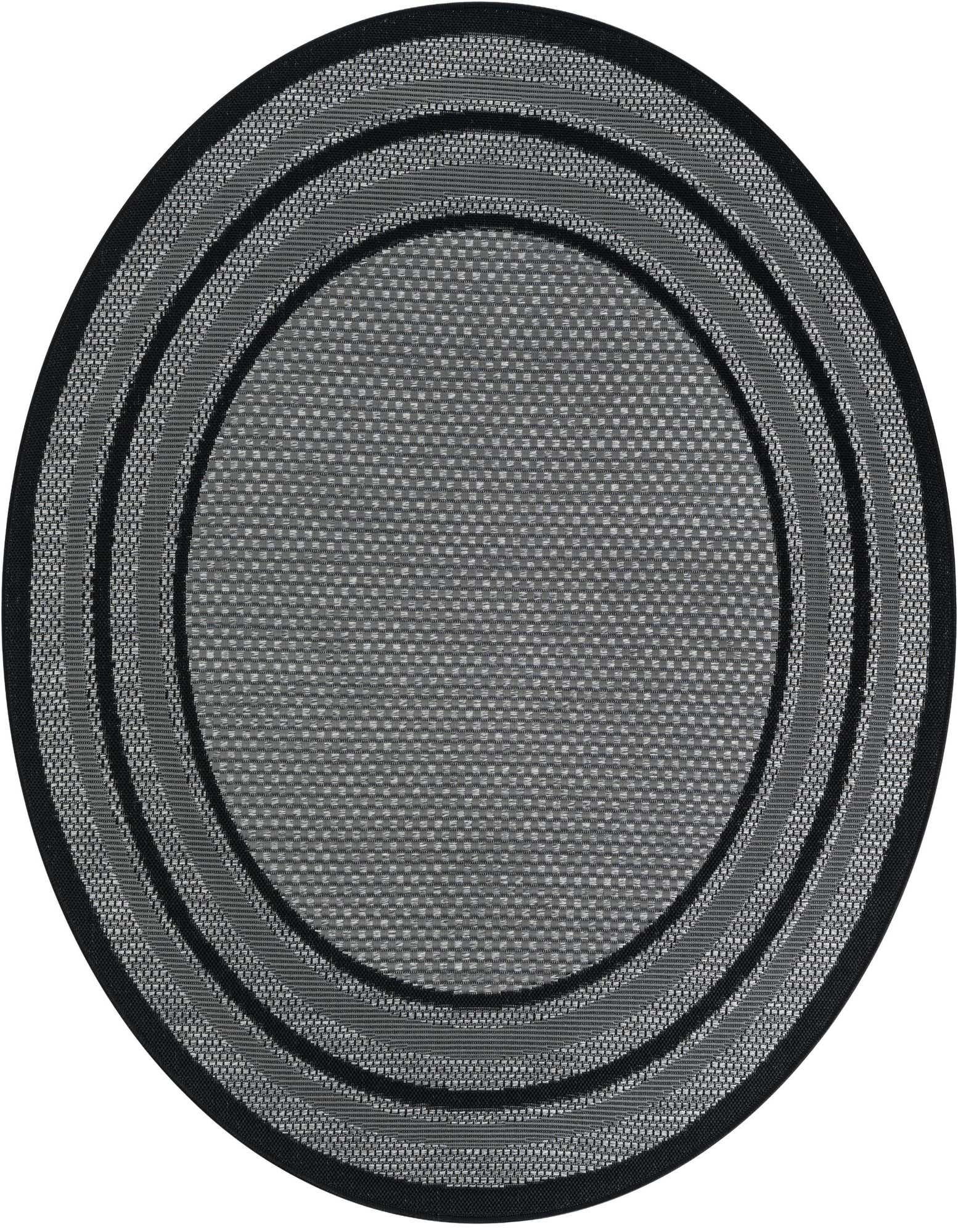 A 5' 3 round gray indoor/outdoor rug with a modern solid pattern and concentric black and silver borders.