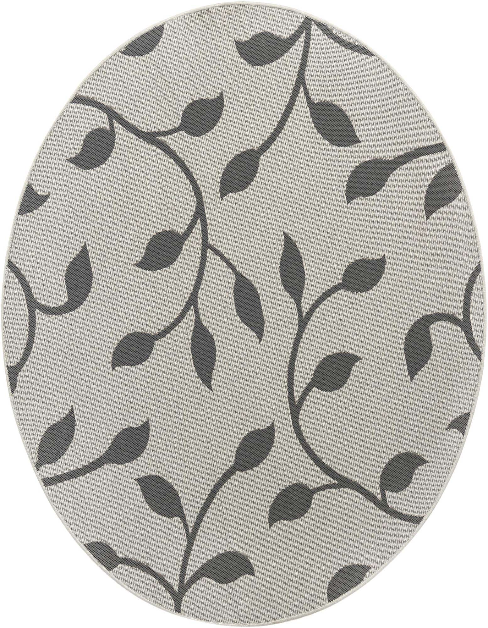 A 6' round gray indoor/outdoor rug with a modern botanical pattern of dark gray vines and leaves.