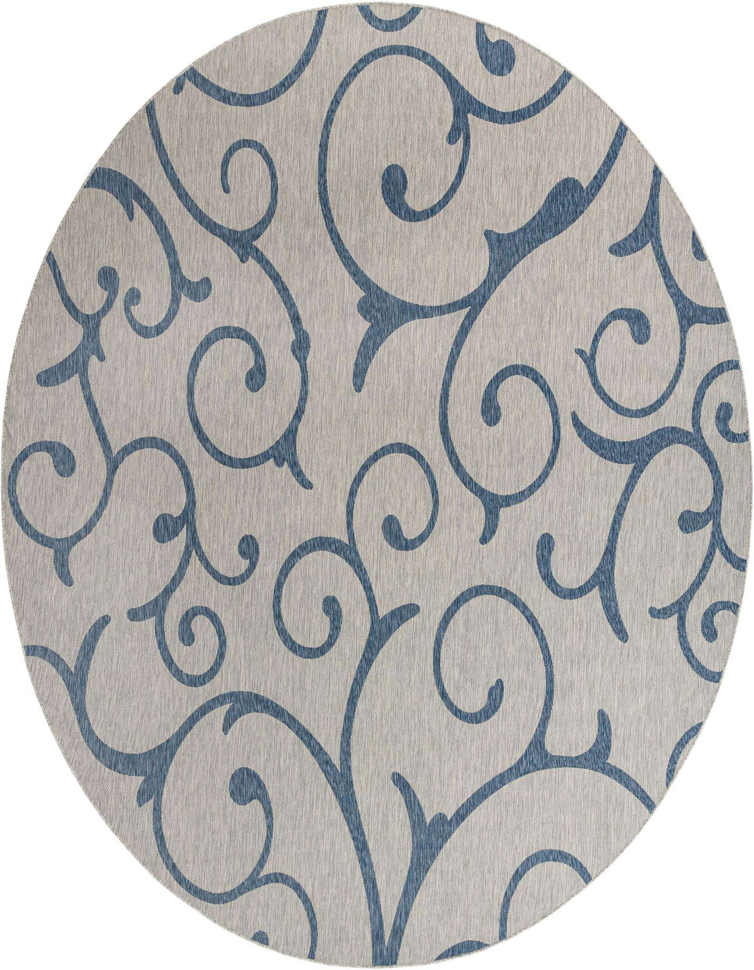 A round 13' gray and blue botanical rug with an intricate vine and leaf pattern, suitable for indoor or outdoor use.