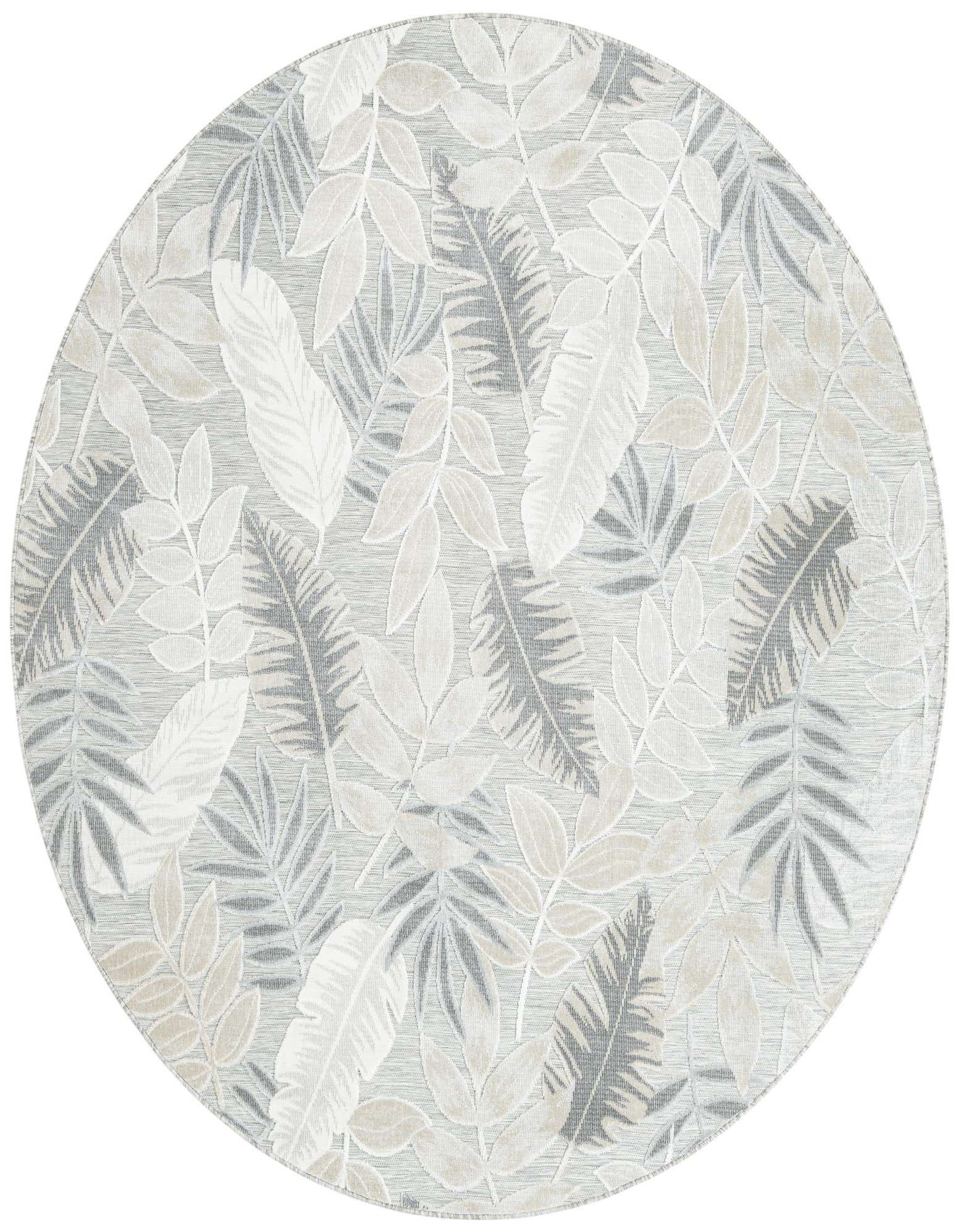 A round 8' 2" gray indoor/outdoor rug with a modern tropical leaf pattern in varying shades of gray, silver, and beige.