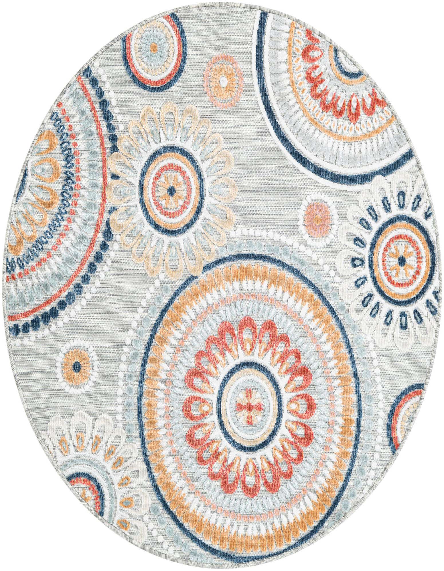 A 4' 5 round gray rug with modern abstract floral medallions in coral, navy, light blue, and orange.