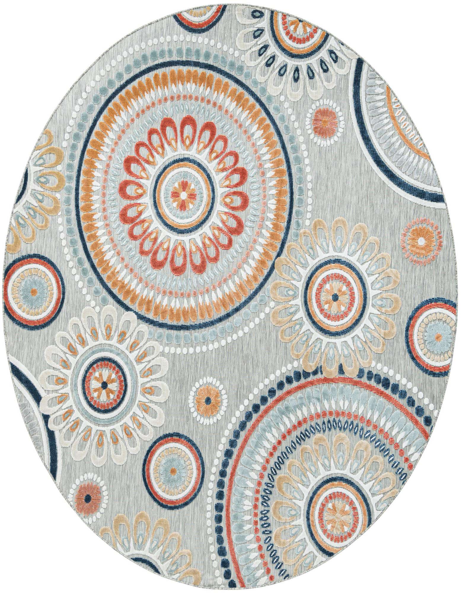 A round 8'2" gray rug with a vibrant modern abstract pattern of orange, blue, and cream mandala-like circles, suitable for a patio.