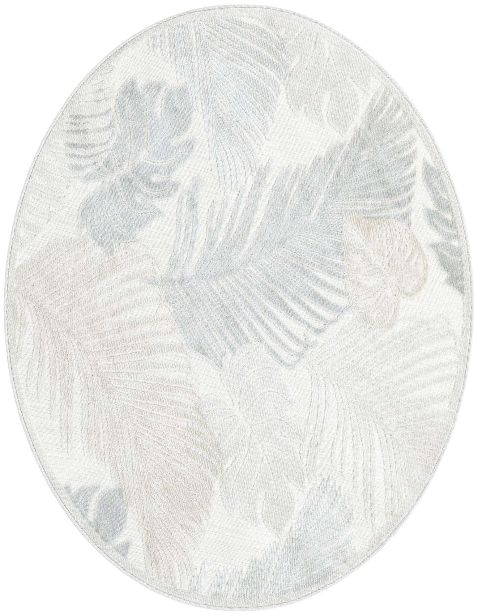 A round, flatweave Rugs.com Outdoor Botanical rug with a gray and silver tropical leaf pattern, suitable for a patio.