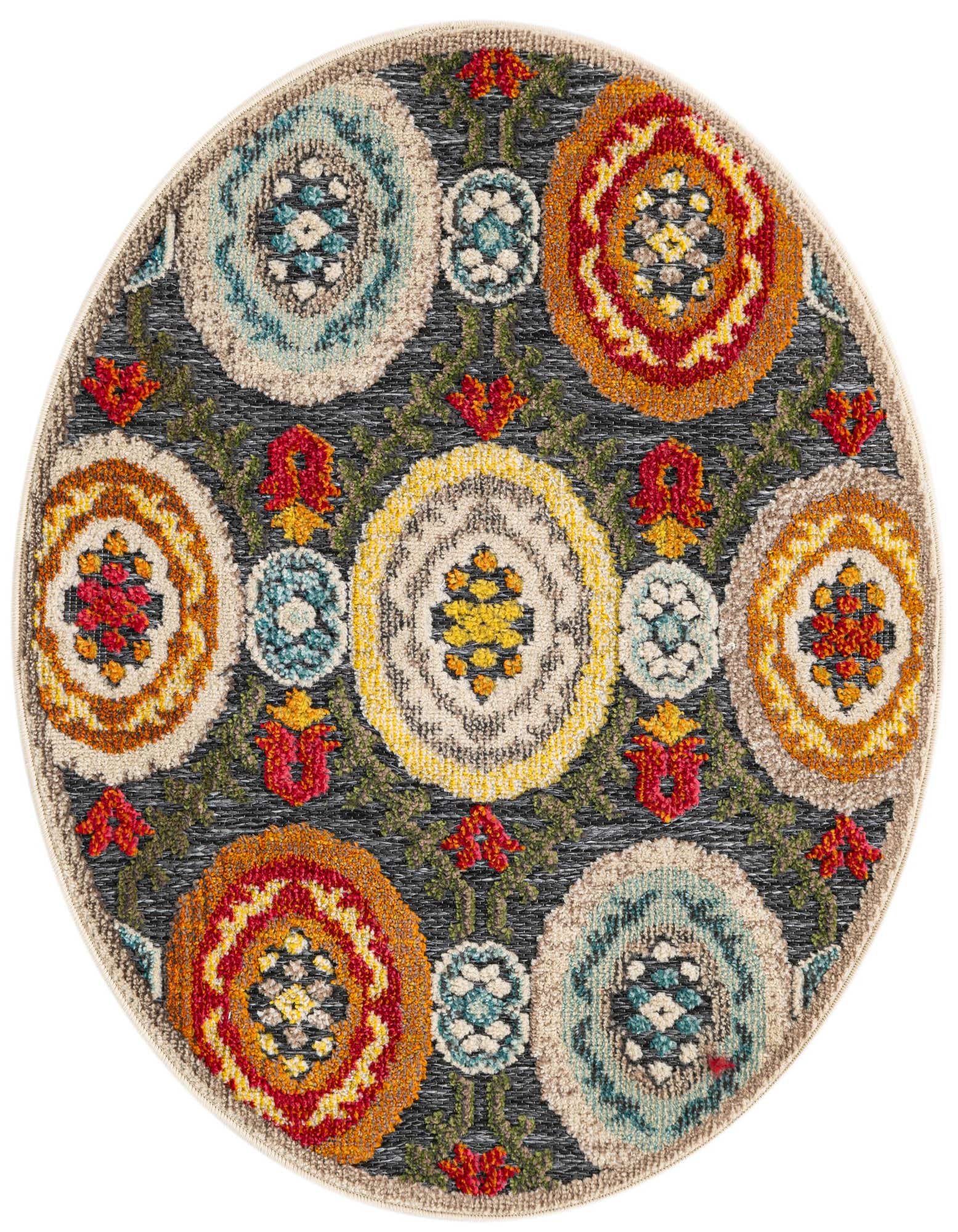 A 3' round gray modern rug with colorful medallion patterns in red, orange, yellow, and blue, suitable for indoor/outdoor use.