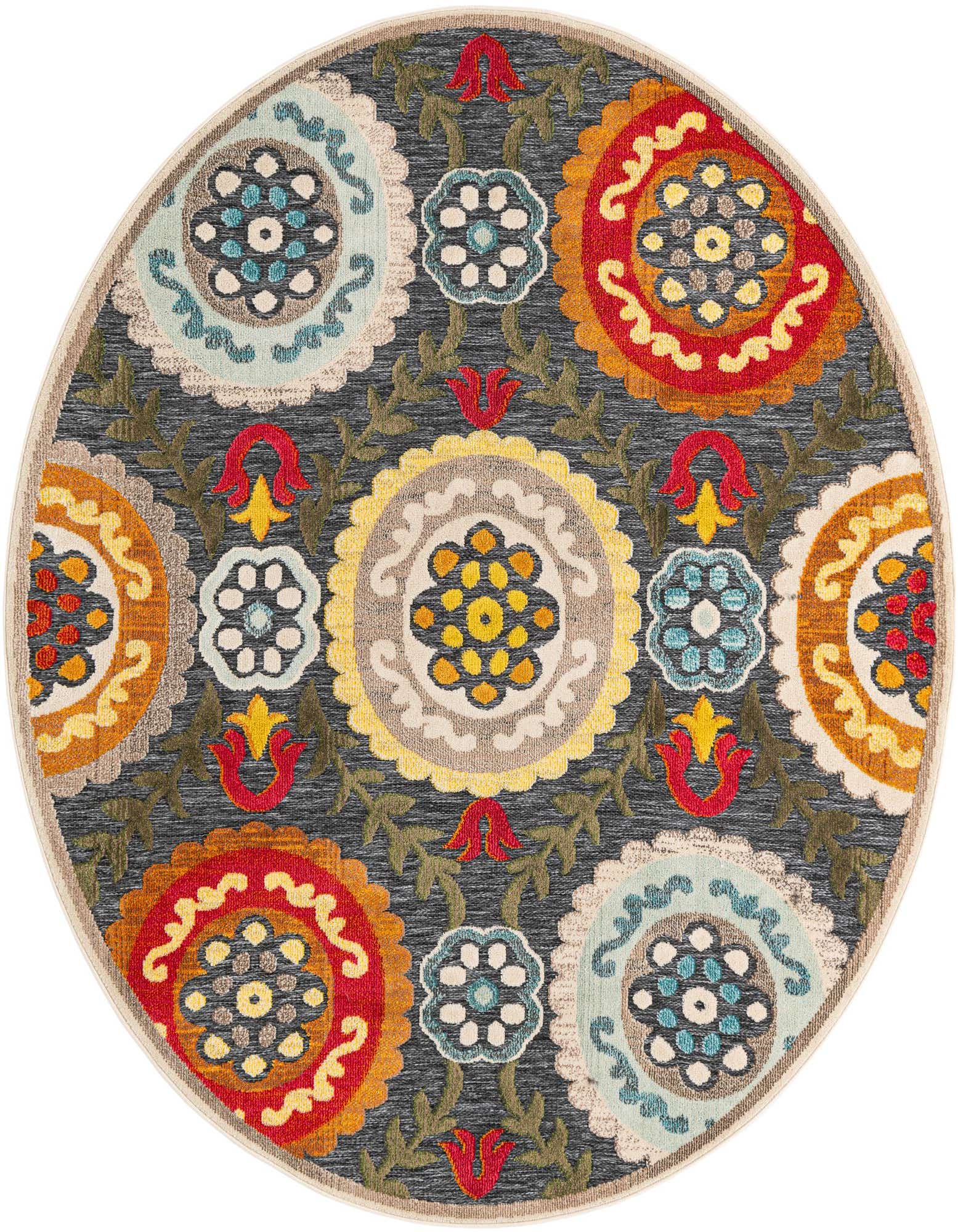 A vibrant round outdoor rug with a gray background and large, colorful medallion patterns in red, orange, yellow, and blue.