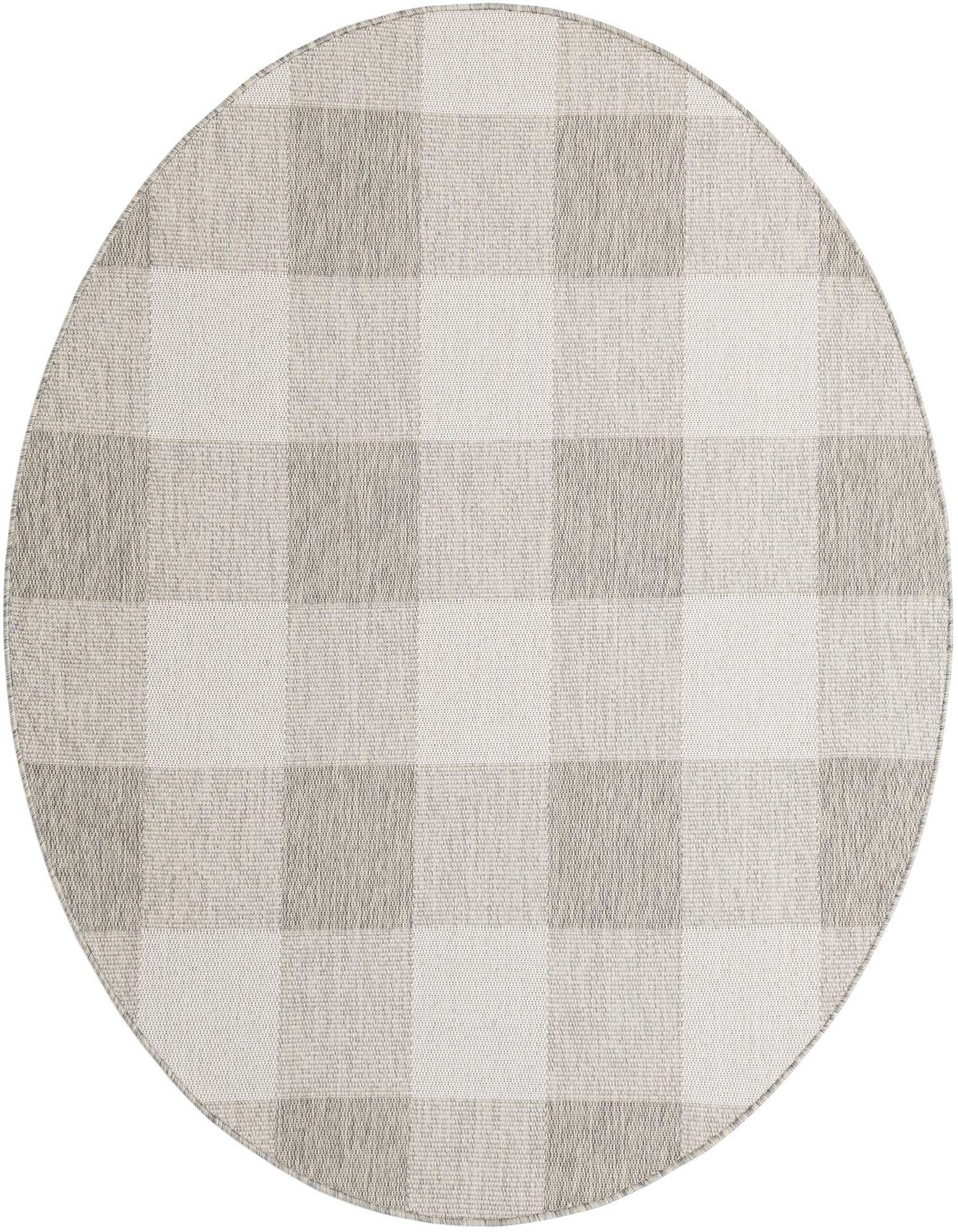 A 6' round gray and white checkered rug with a flatweave texture, suitable for indoor or outdoor use.