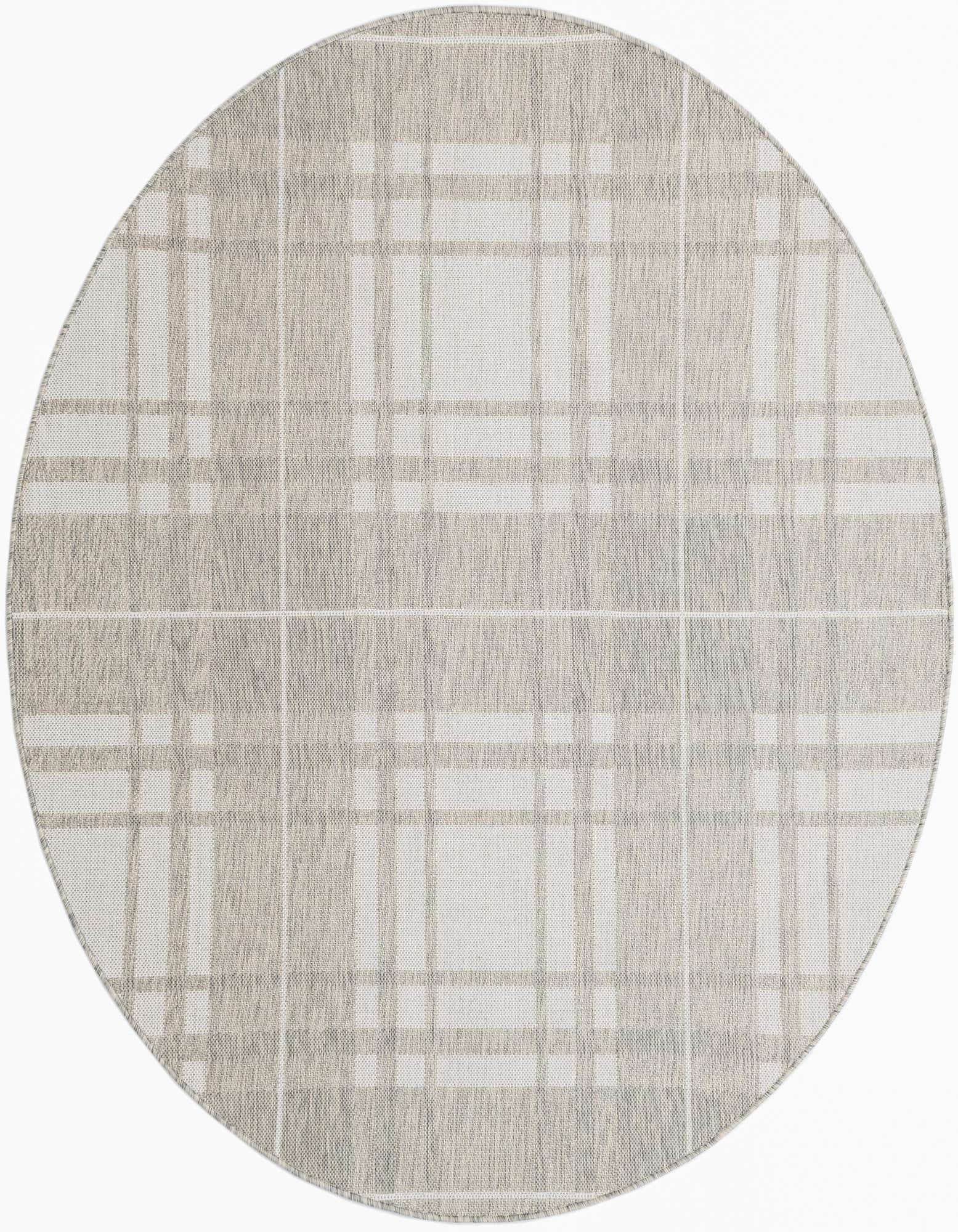 A 6' round gray and silver plaid rug with a modern checkered pattern, suitable for indoor or outdoor spaces.