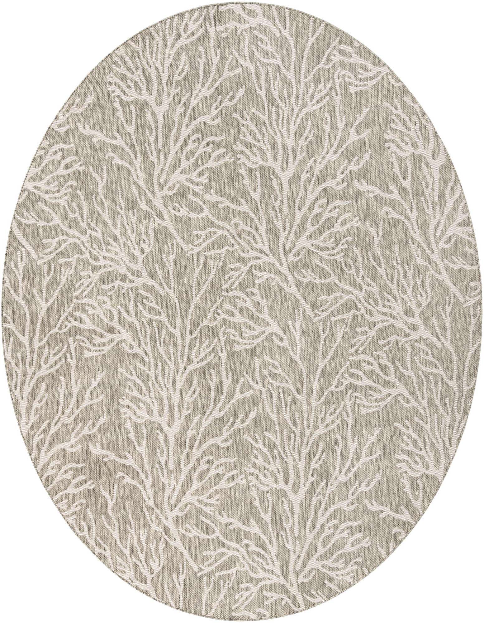 A 12-foot round gray indoor/outdoor rug with a white modern coral pattern, ideal for a patio.