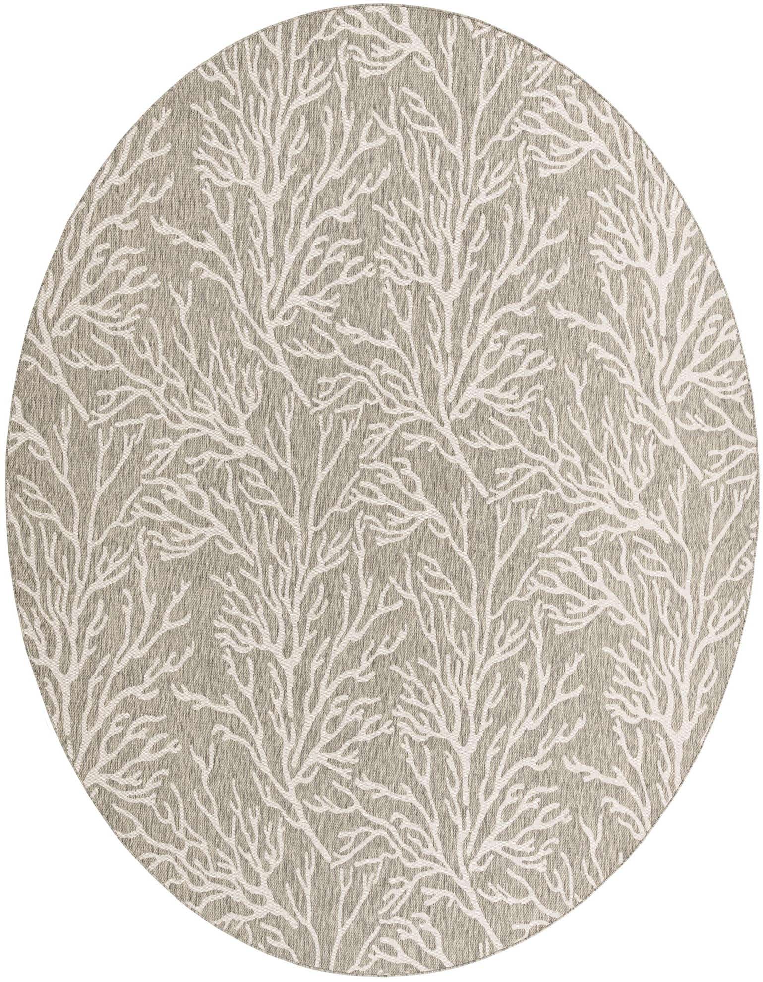 A 13-foot round gray indoor/outdoor rug with a modern white coral branch pattern, suitable for a patio.