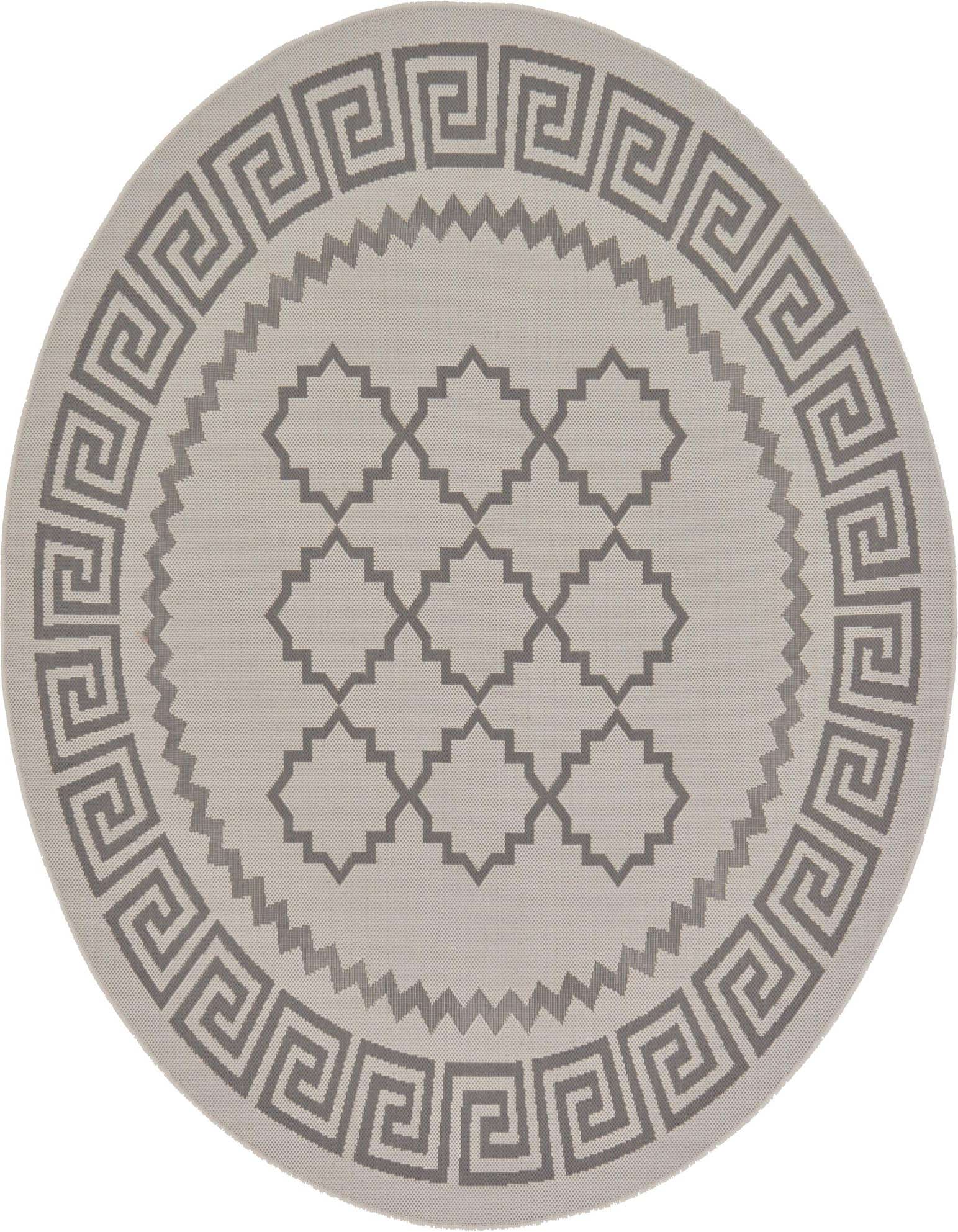 Round gray and silver tribal rug with a Greek key border and trellis pattern, suitable for indoor or outdoor use.