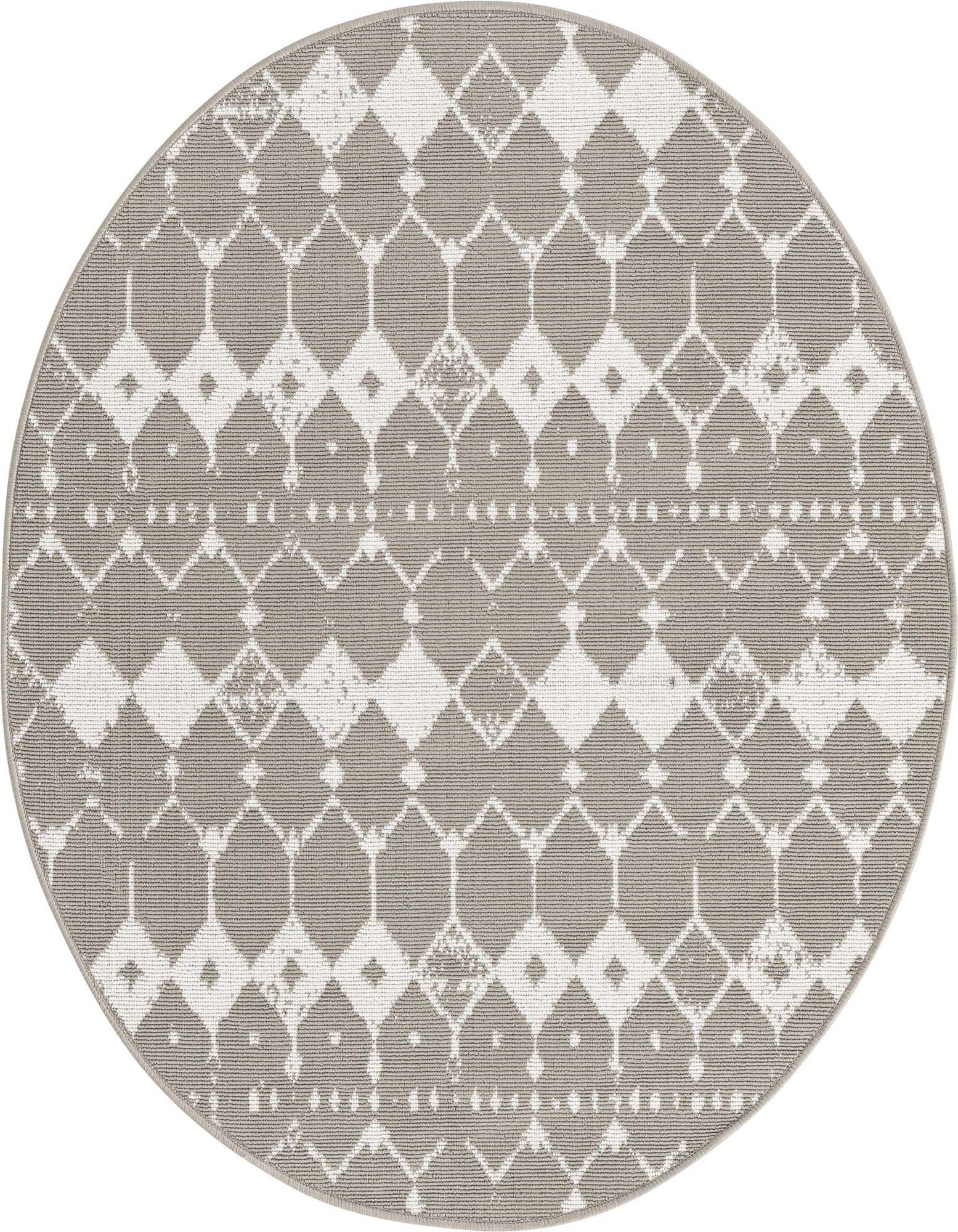 A 4' round gray and white transitional trellis rug with a flatweave texture, suitable for indoor or outdoor use.
