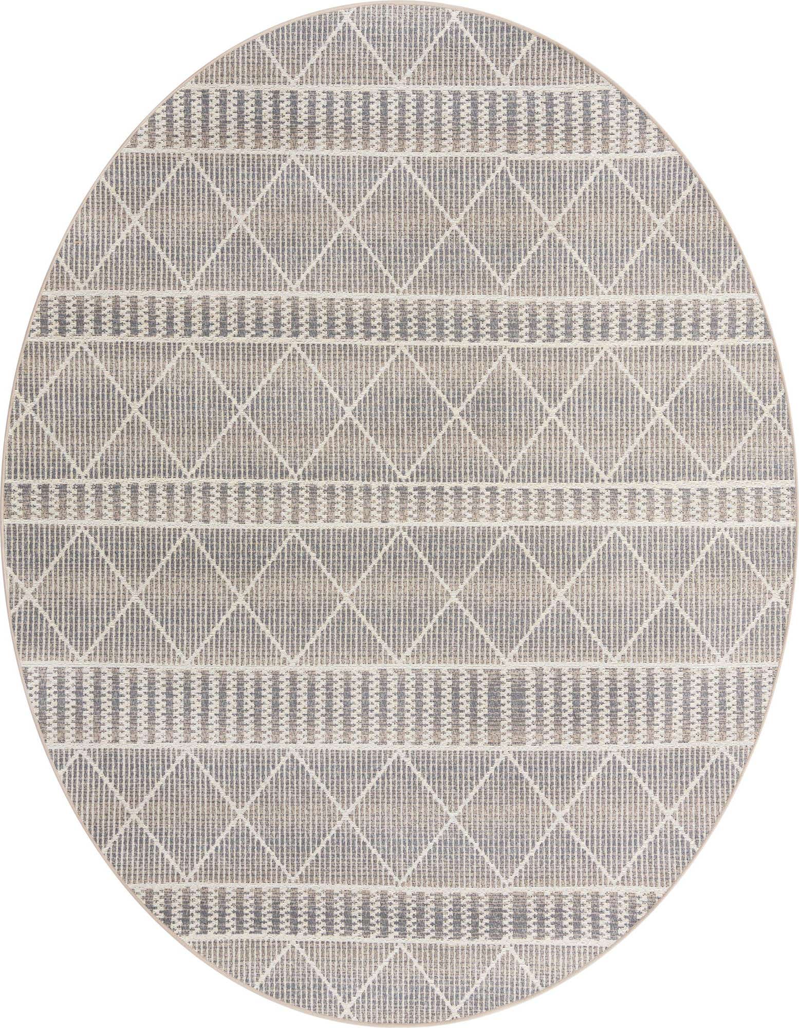 A round 7' 10 x 7' 10 gray and silver Bohemian rug with a tribal trellis pattern, suitable for indoor or outdoor use.