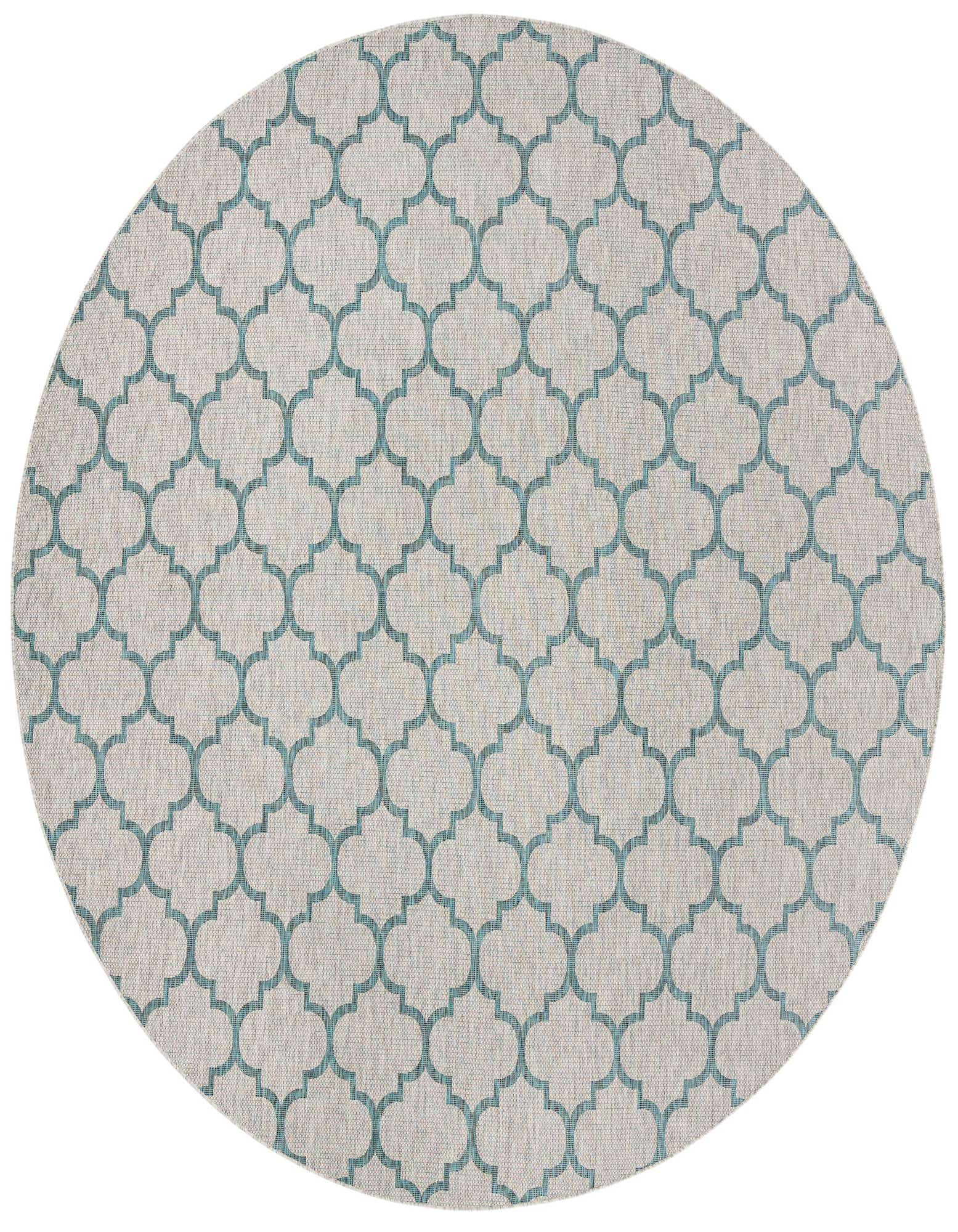 A large round gray and teal trellis pattern rug, suitable for indoor or outdoor use on a patio.
