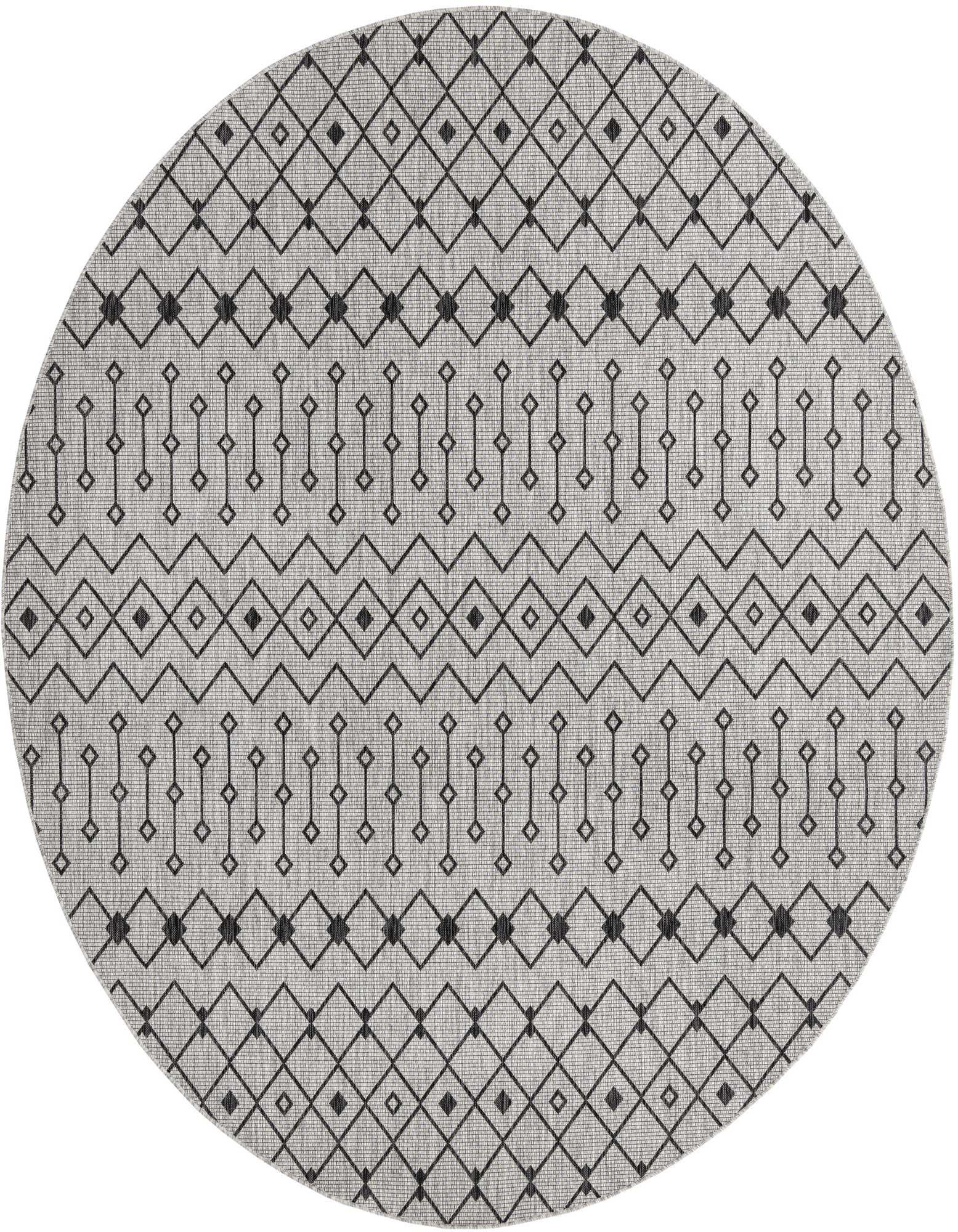 A 10' 8 round gray indoor/outdoor rug with a modern tribal lattice pattern in dark gray, suitable for a patio.