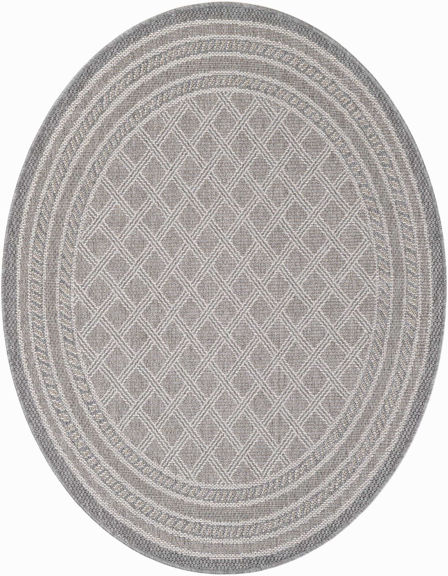 A 5' 1 round gray modern polypropylene rug with a subtle lattice pattern and textured border, suitable for indoor or outdoor use.