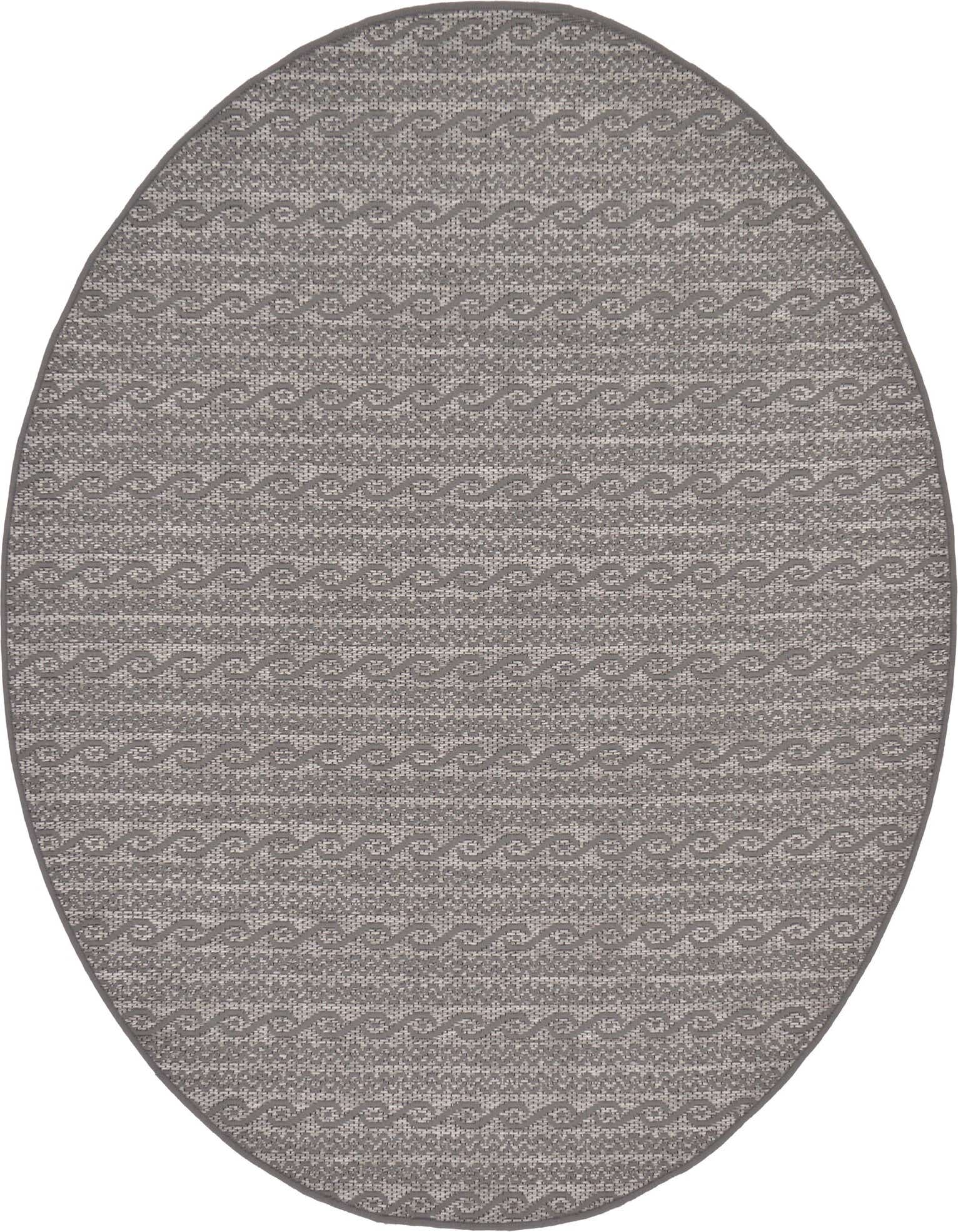 A 6' 0 x 6' 0 round gray indoor/outdoor rug with a subtle textured wave pattern, ideal for a patio.