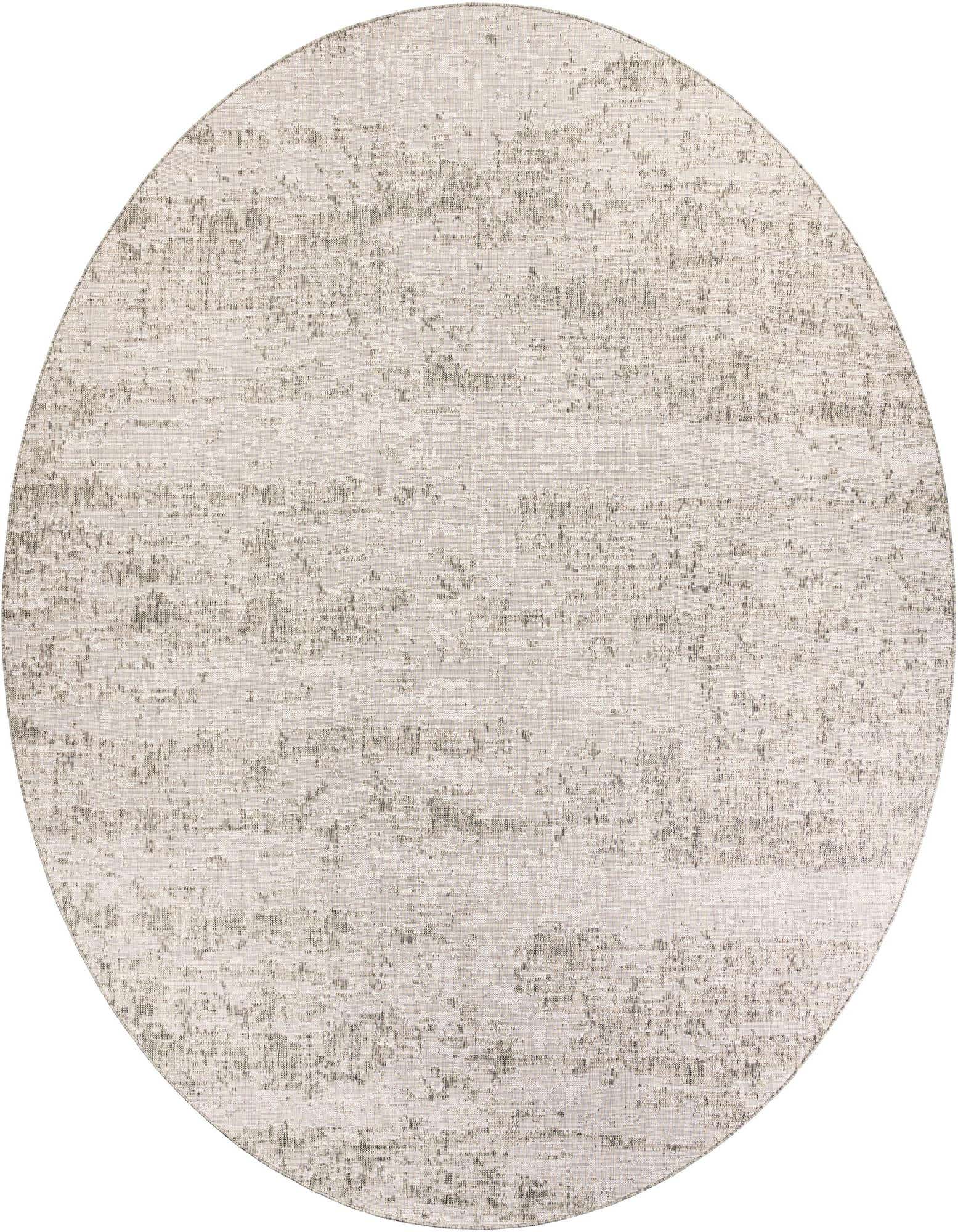 A 12' round gray indoor/outdoor rug with a subtle distressed modern pattern, ideal for a patio or large living space.