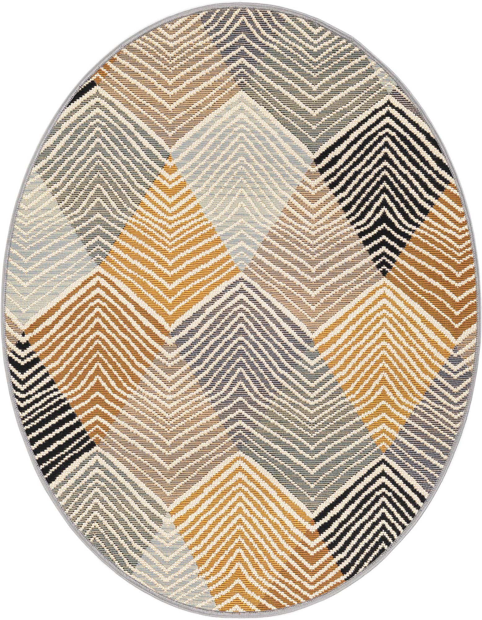 A 3' round indoor/outdoor rug with a modern abstract chevron pattern in grays, silvers, black, and gold tones.