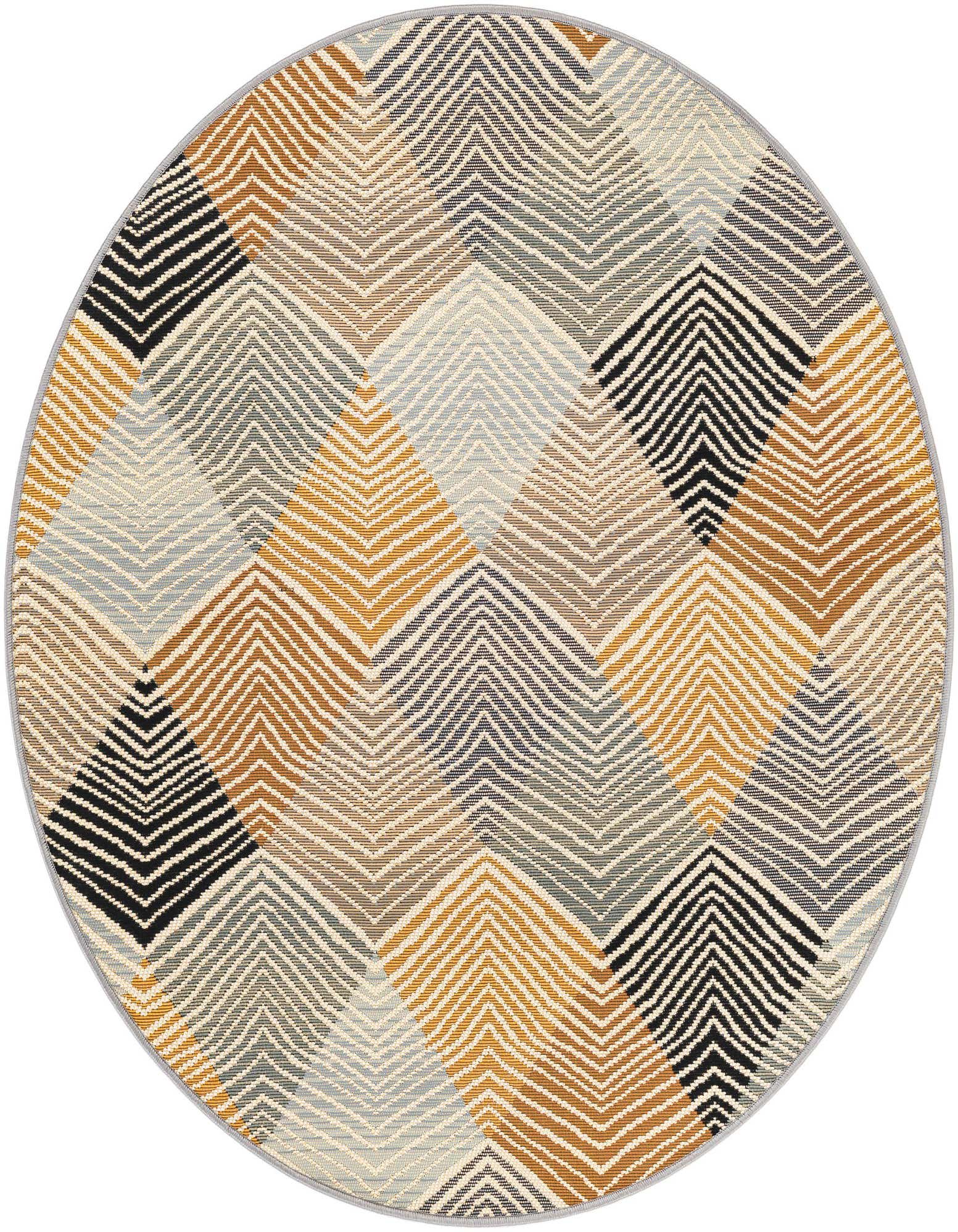A 4' round gray, gold, and black modern abstract rug with a chevron pattern, suitable for indoor or outdoor use.