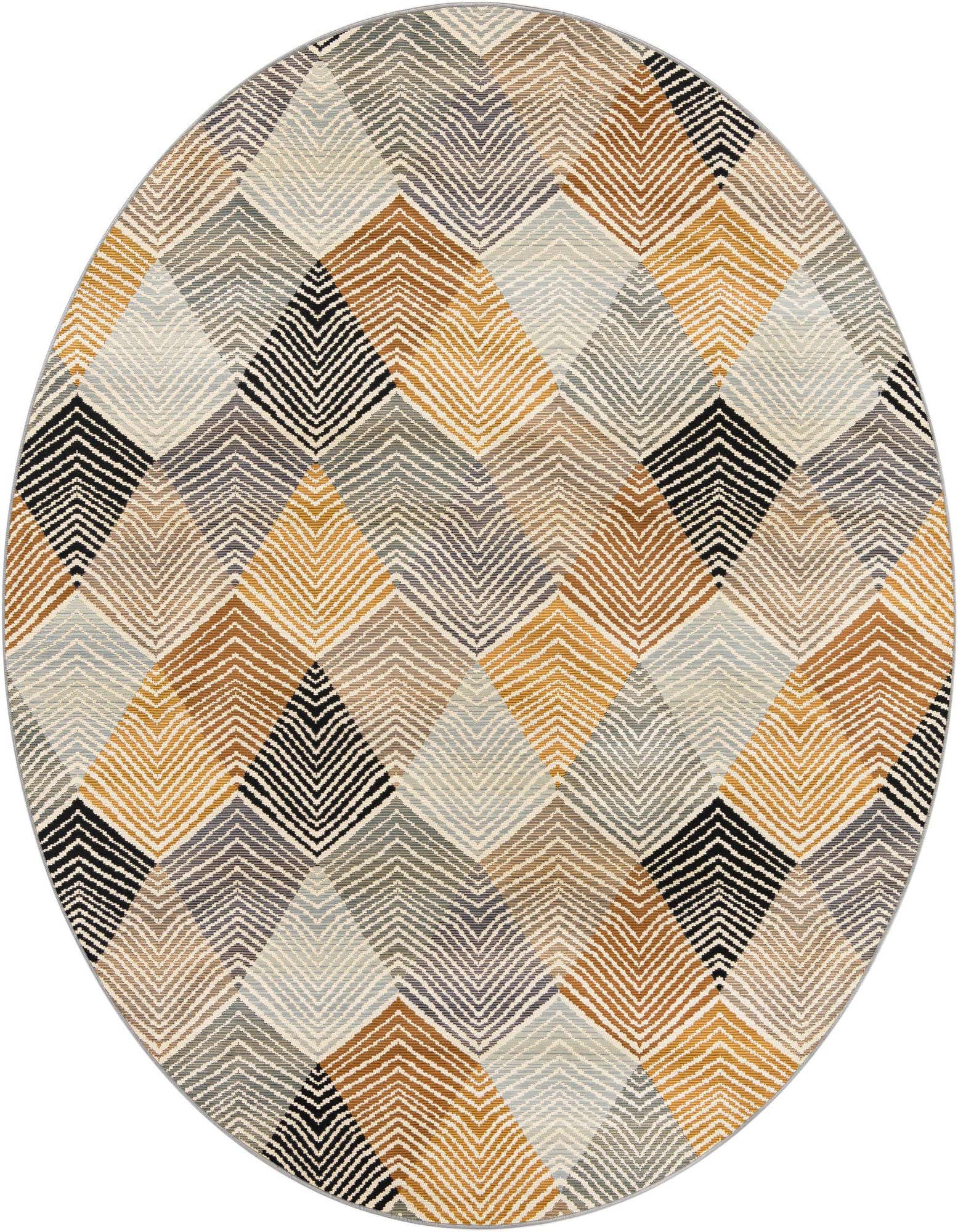 A round 7' 10 x 7' 10 rug featuring a modern abstract pattern of textured chevron-filled diamonds in grays, silvers, golds, and black, suitable for indoor or outdoor use.