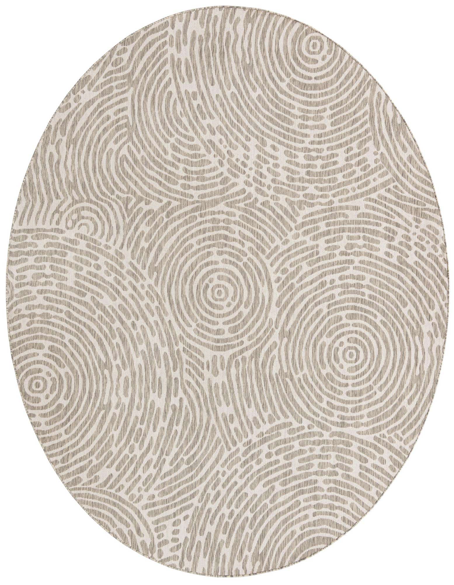 A 10-foot round gray modern abstract rug with a textured circular pattern, suitable for indoor or outdoor use.