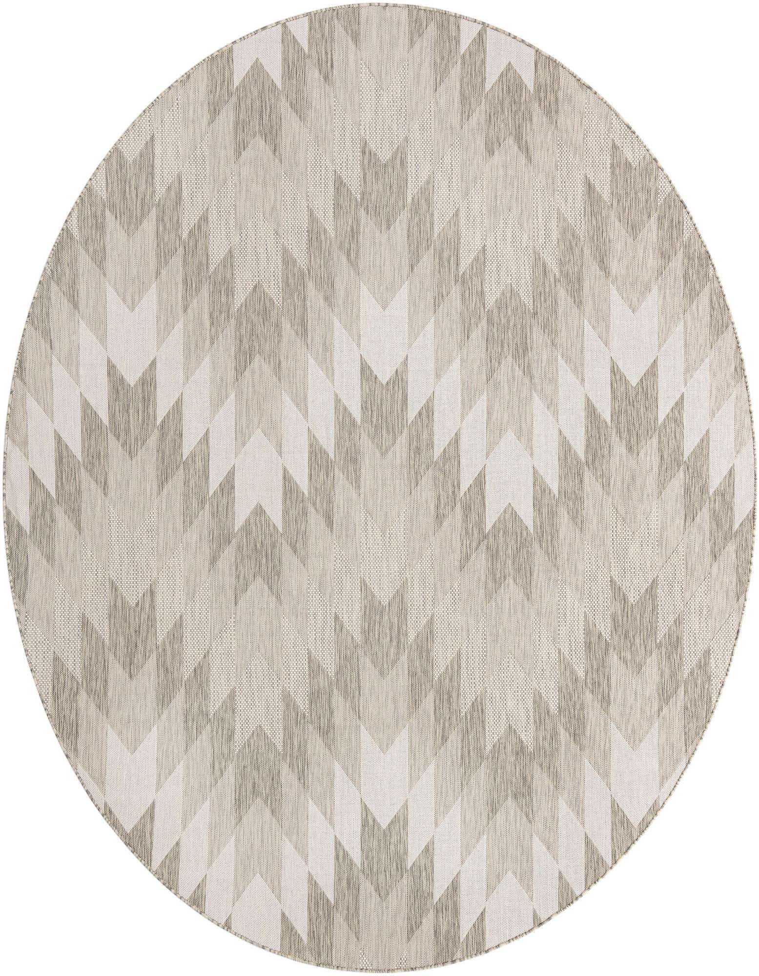 A 10-foot round gray polypropylene rug with a modern tribal chevron pattern, suitable for indoor or outdoor use.
